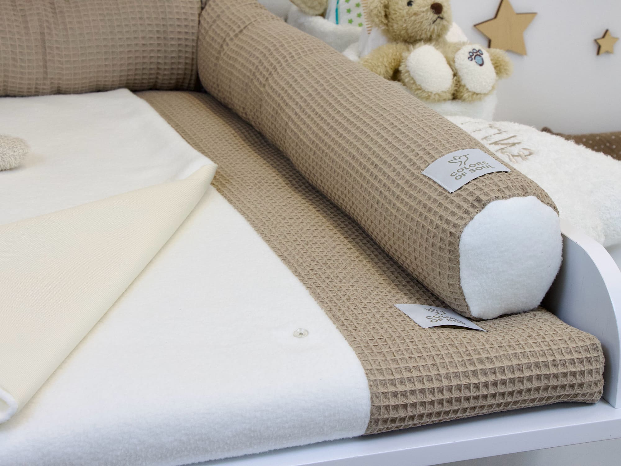 2-er SET - Wickelauflage mit Inlett, Bettschlange - Waffelpique dunkelbeige / Baumwollfleece creme