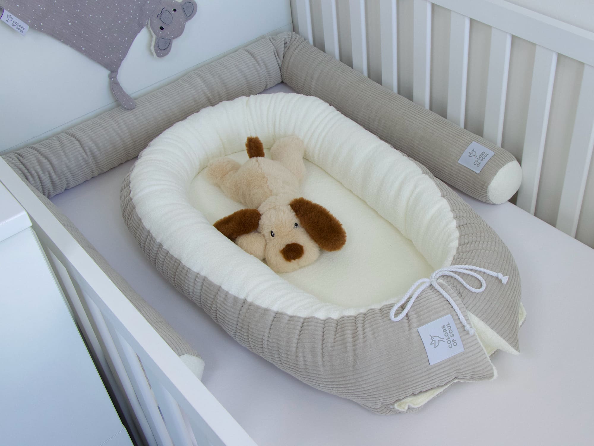 3-er SET - Wickelauflage, Bettschlange, Babynest - Kord hellbeige / Baumwollfleece creme