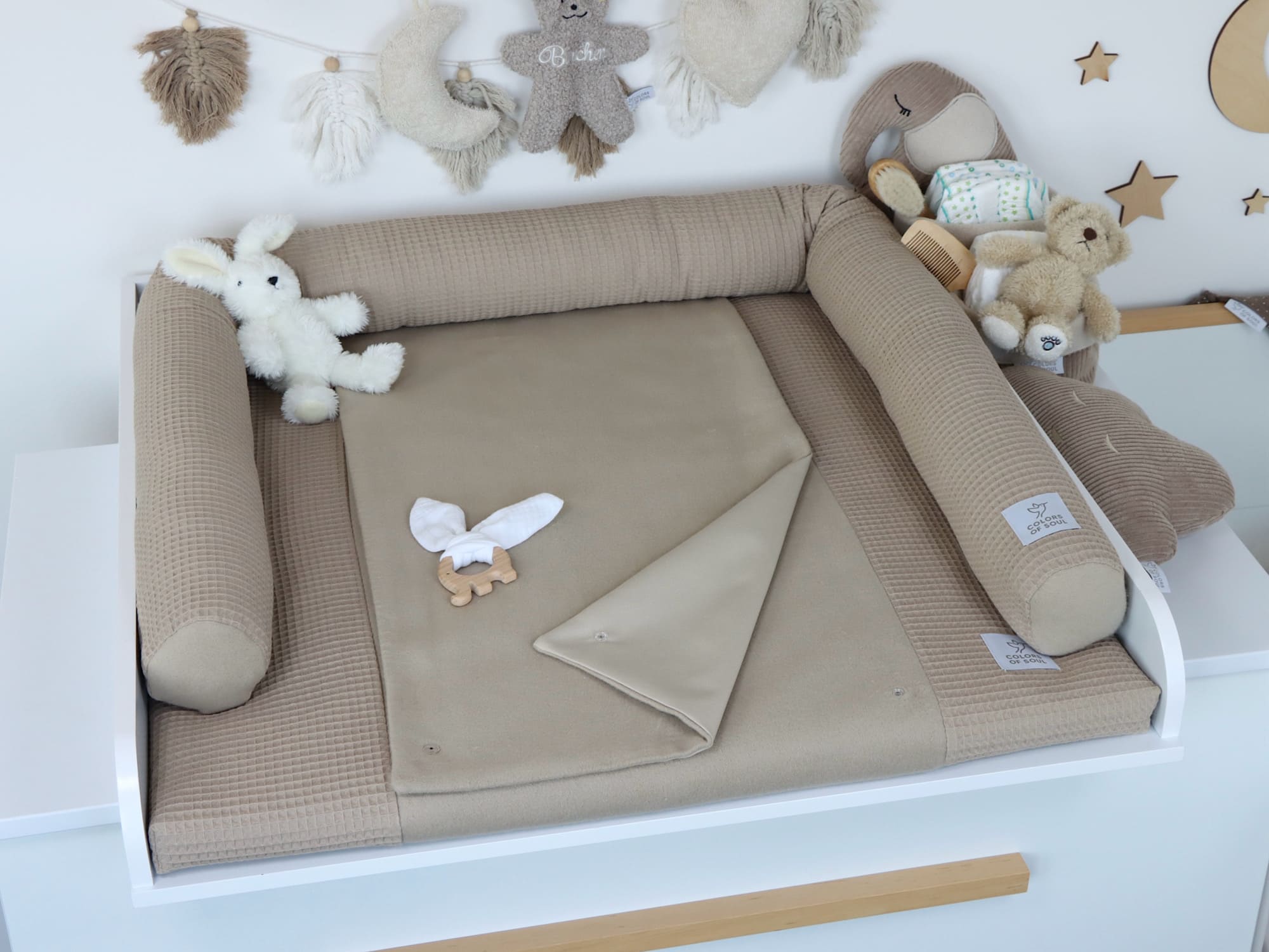 2-er SET - Wickelauflage mit Inlett, Bettrolle - Waffel dunkelbeige / Baumwollfleece dunkelbeige