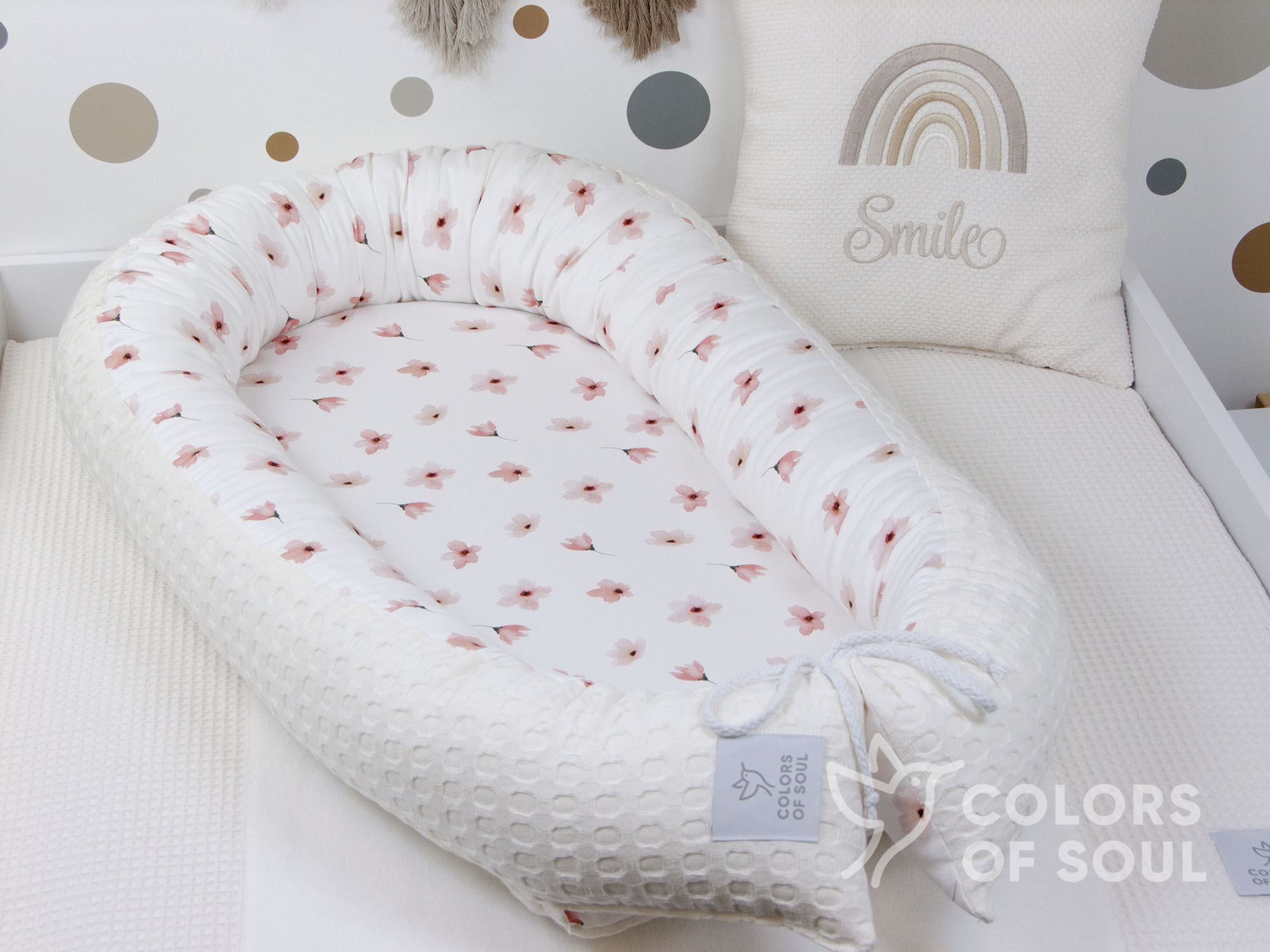Babynest - Blumen Aquarell rosa / Waffelpique grob creme