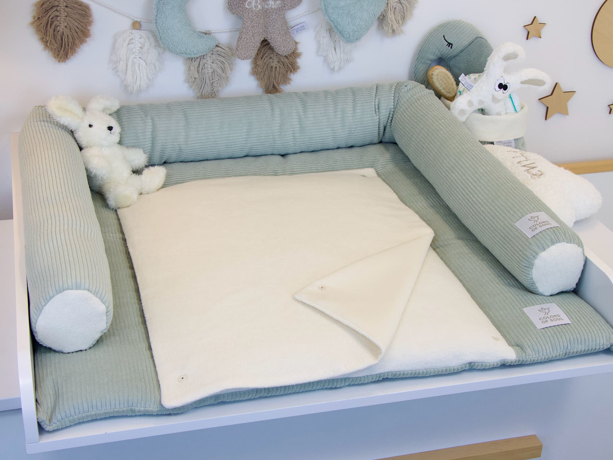 Wickelauflage Set mit Bettschlange - Cord mint / Baumwollfleece creme
