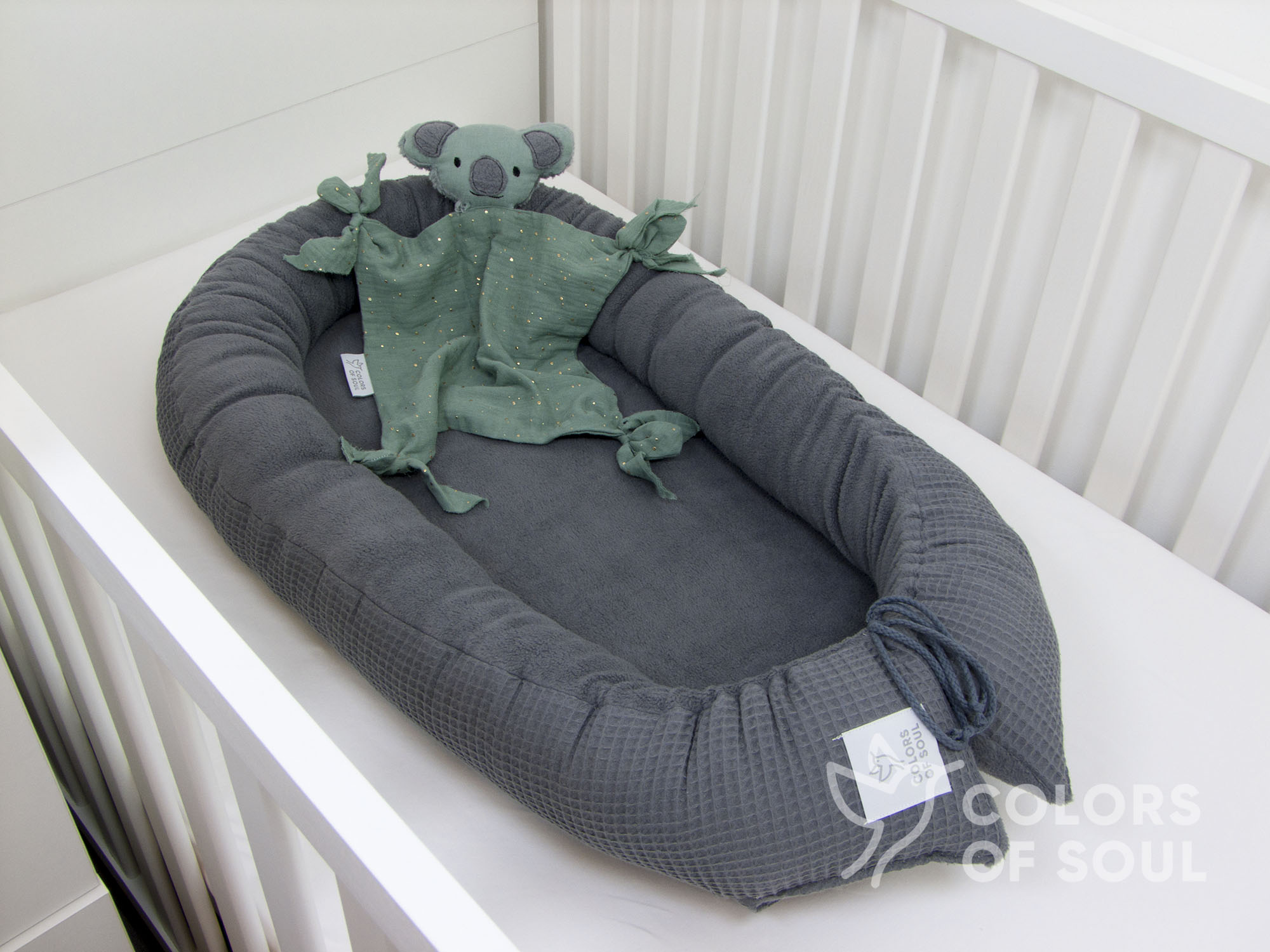3-er SET - Wickelauflage, Bettschlange, Babynestchen - Waffelpique steingrau / Baumwollfleece grau