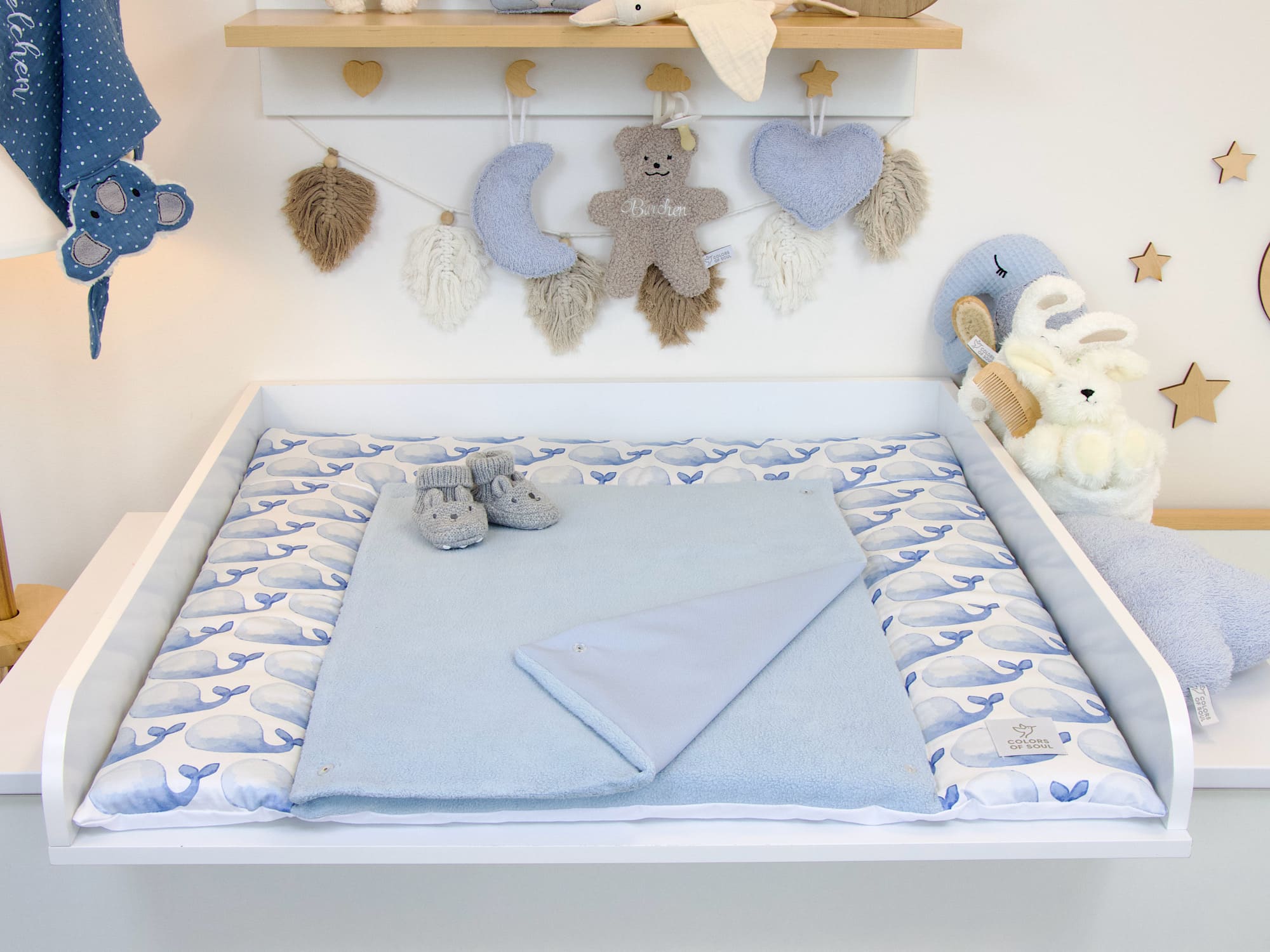 Wickelauflage - blaue Wale Aquarell / Baumwollfleece blau