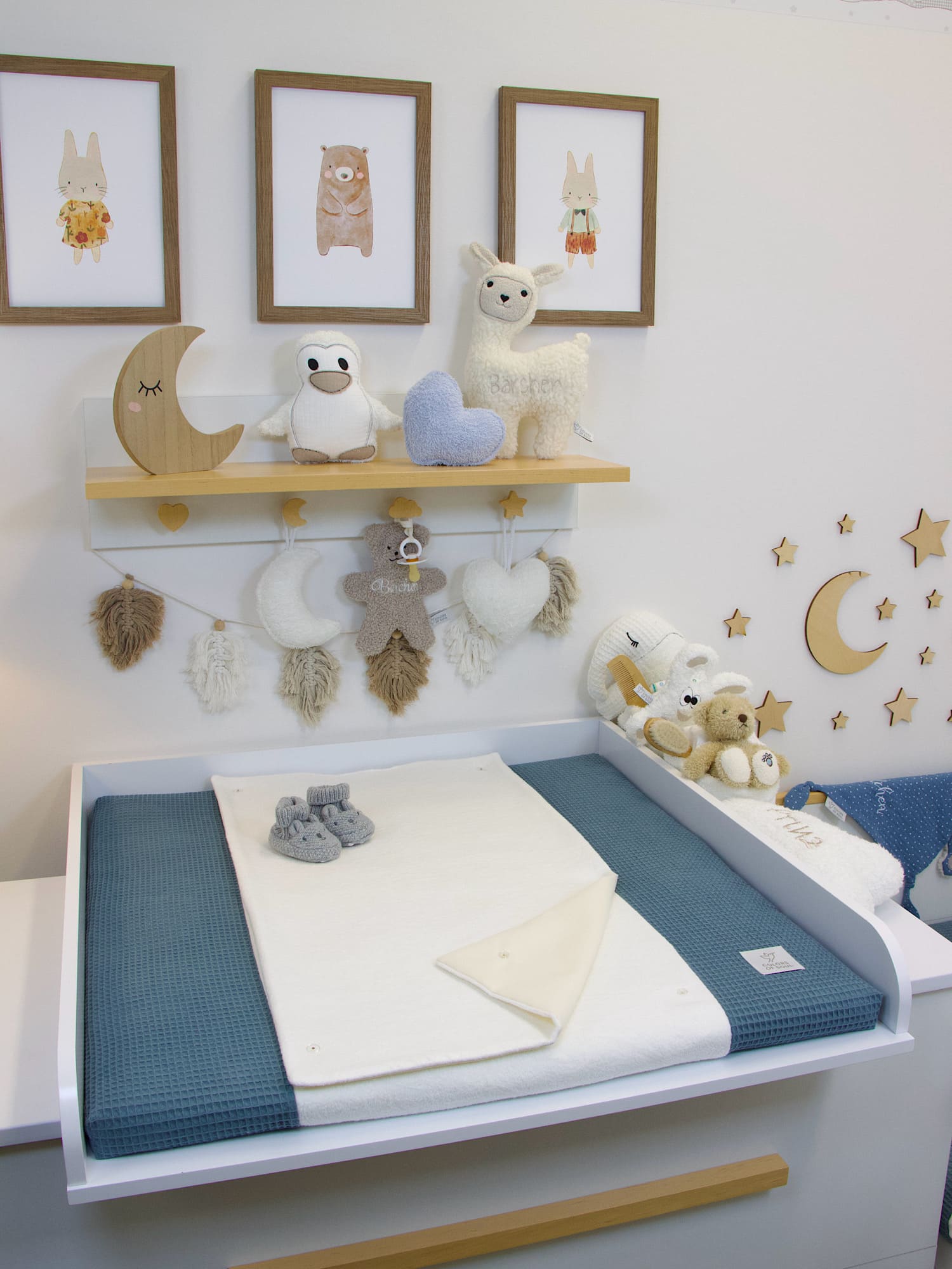 3-er SET - Wickelauflage mit Inlett, Babynest, Bettrolle - Waffel stahlblau / Baumwollfleece creme
