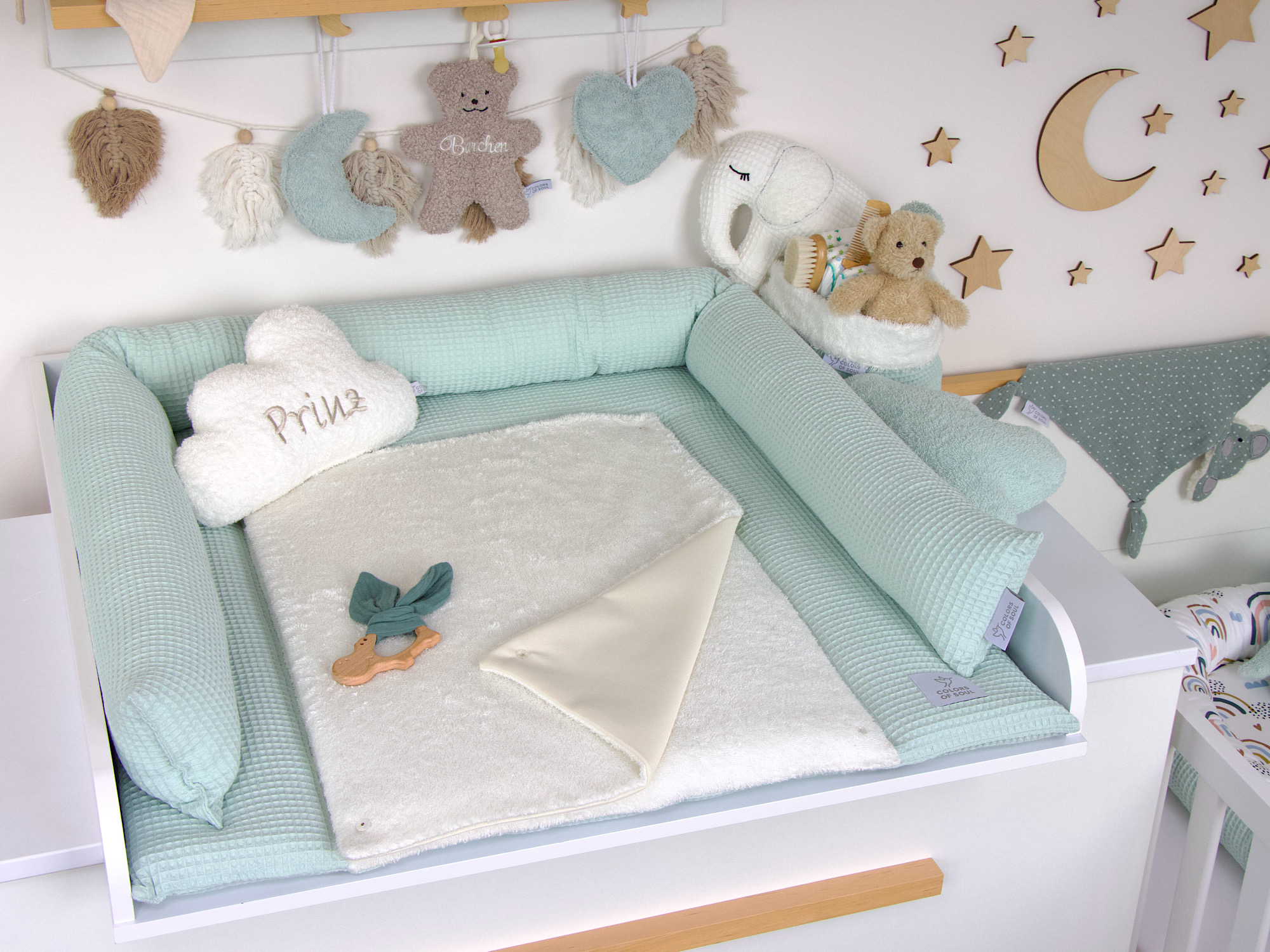 2-er SET - Wickelauflage, Bettschlange - Waffelpique pastellmint / Frottee creme