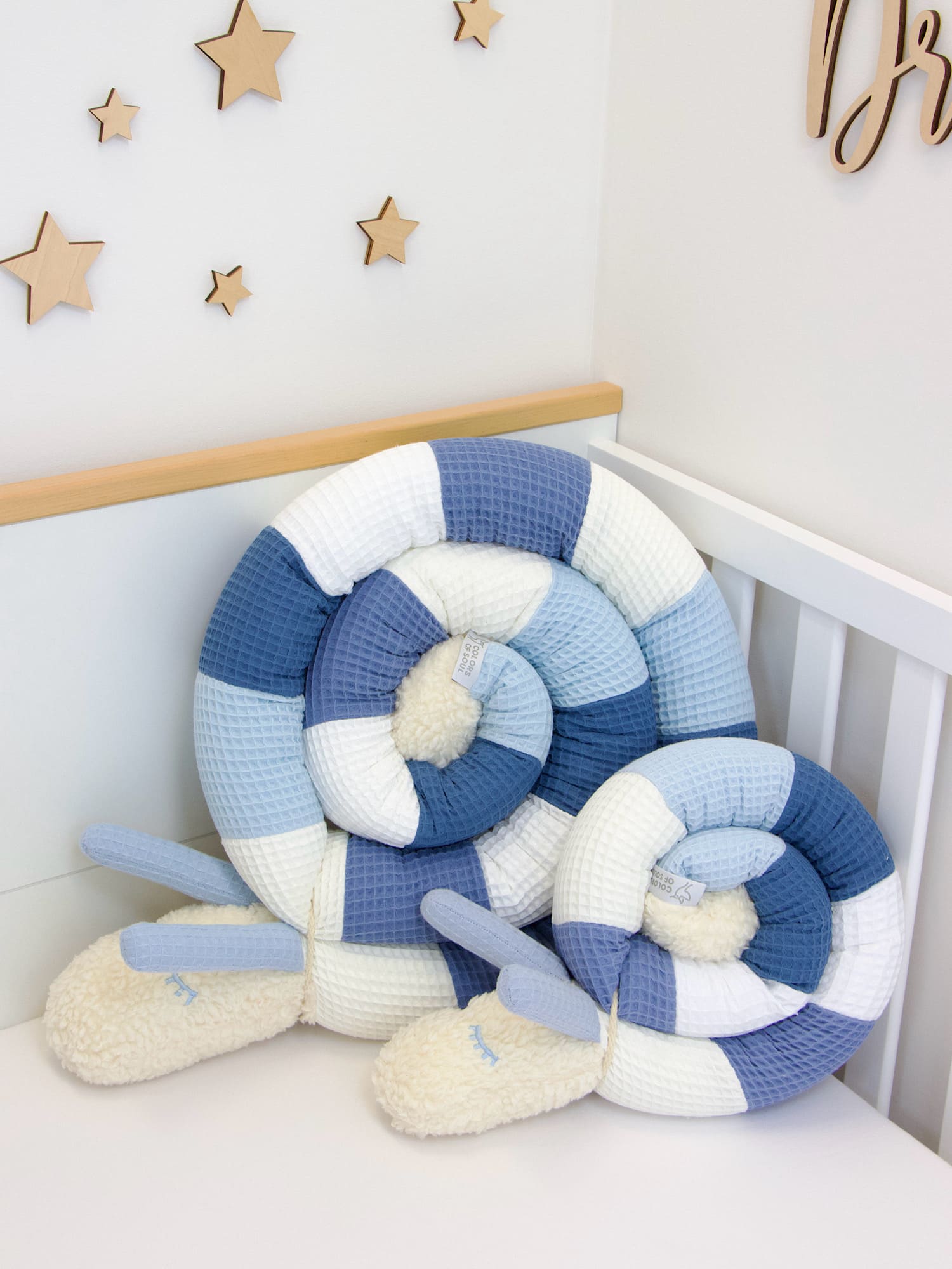 Patchwork Bettschnecke: Waffelpique creme, blau, weiß, jeansblau, hellblau