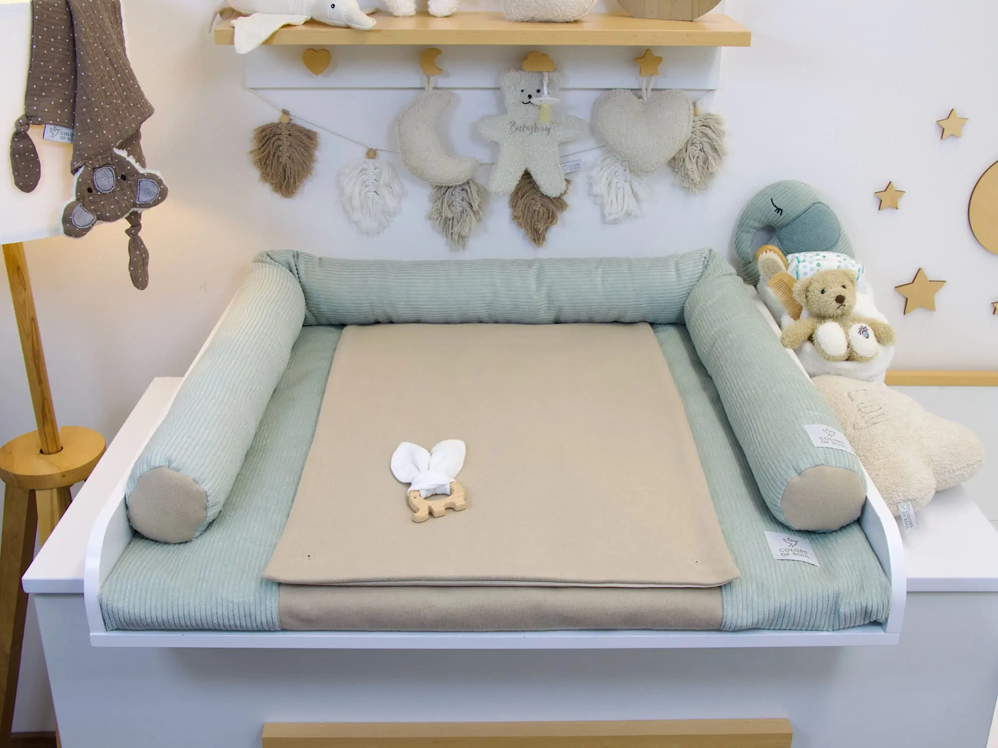 Wickelauflage mit Bezug und klassischer Bettschlange in Cord Mint und Baumwollfleece Dunkelbeige