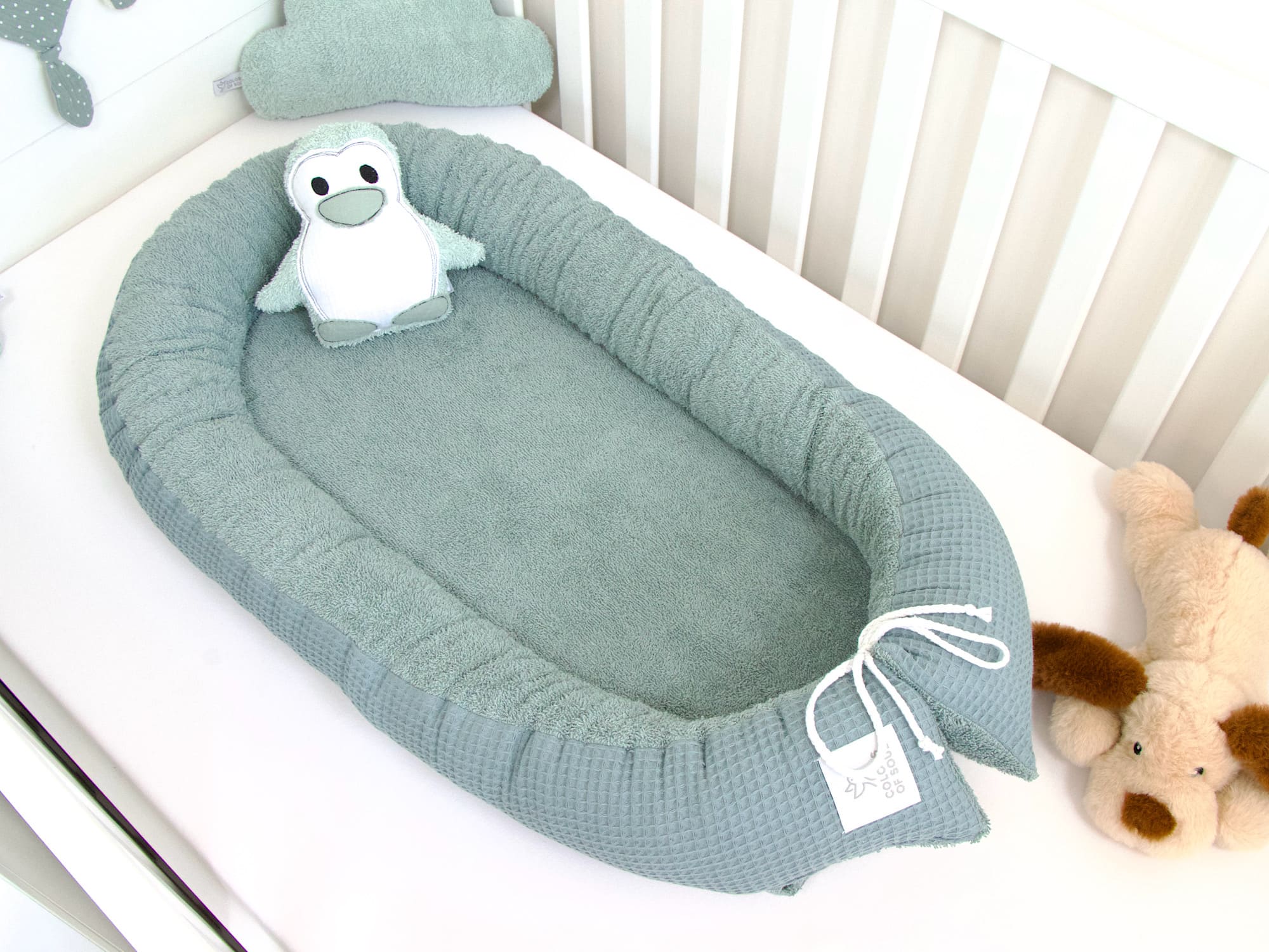 2-er SET - Babynestchen, Bettschlange - Waffelpique dusty altmint / Frottee dusty altmint