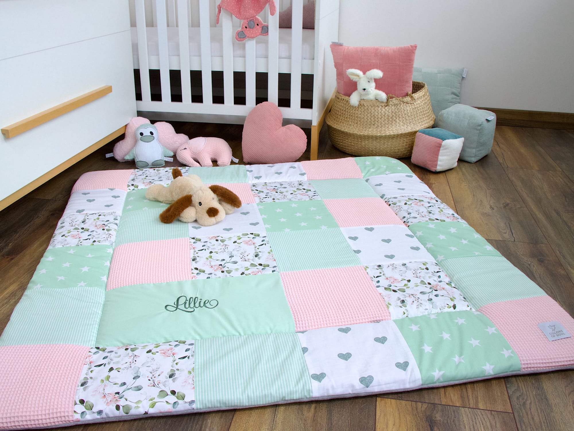 Patchwork Krabbeldecke - Gartenblumen rosa / Waffelpique hellrosa / mint