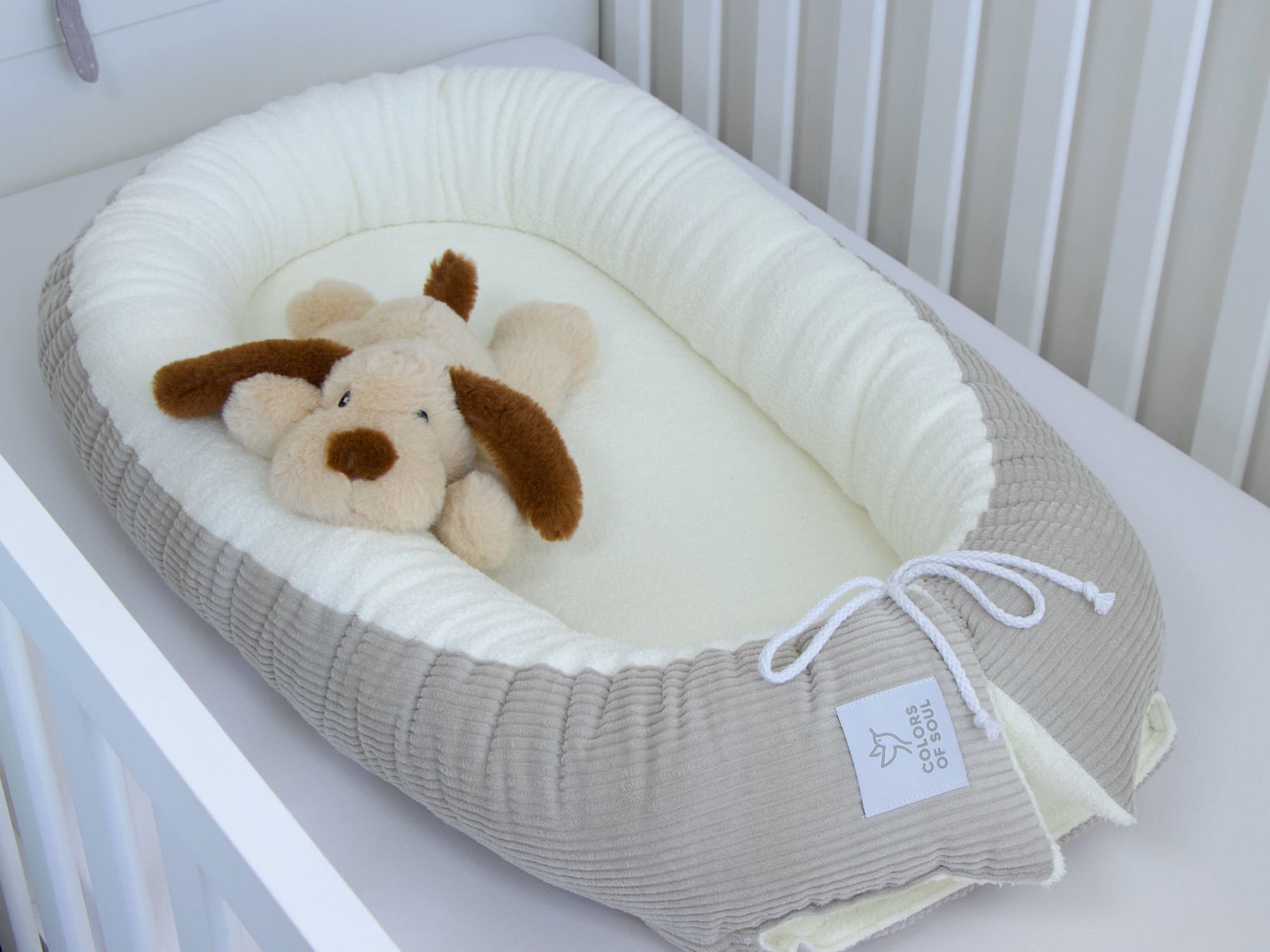 3-er SET - Wickelauflage, Bettschlange, Babynest - Kord hellbeige / Baumwollfleece creme