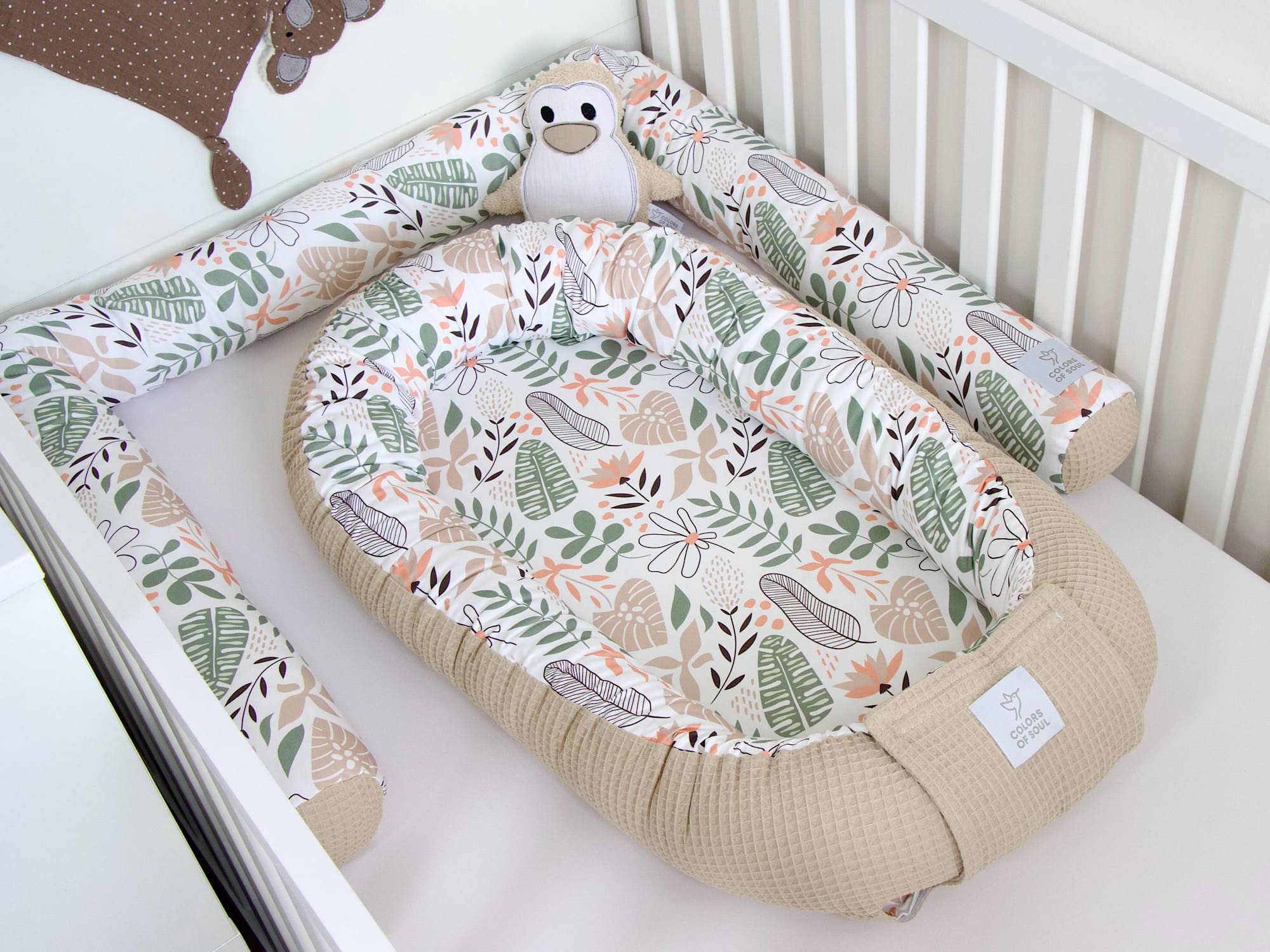 5-er SET - Wickelauflage mit Inlett, Babynestchen, Bettschlange - Tropical Blumen / Waffel beige