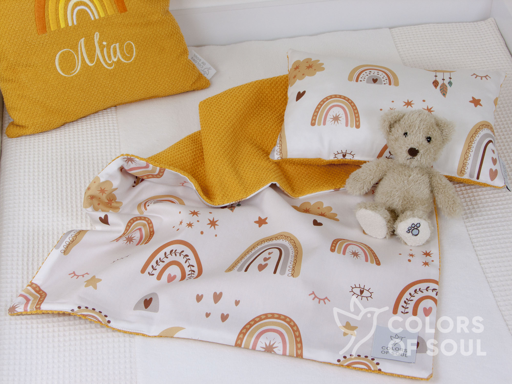 Babydecke - Baby boho Regenbogen / Waffelpique BeBe gelb