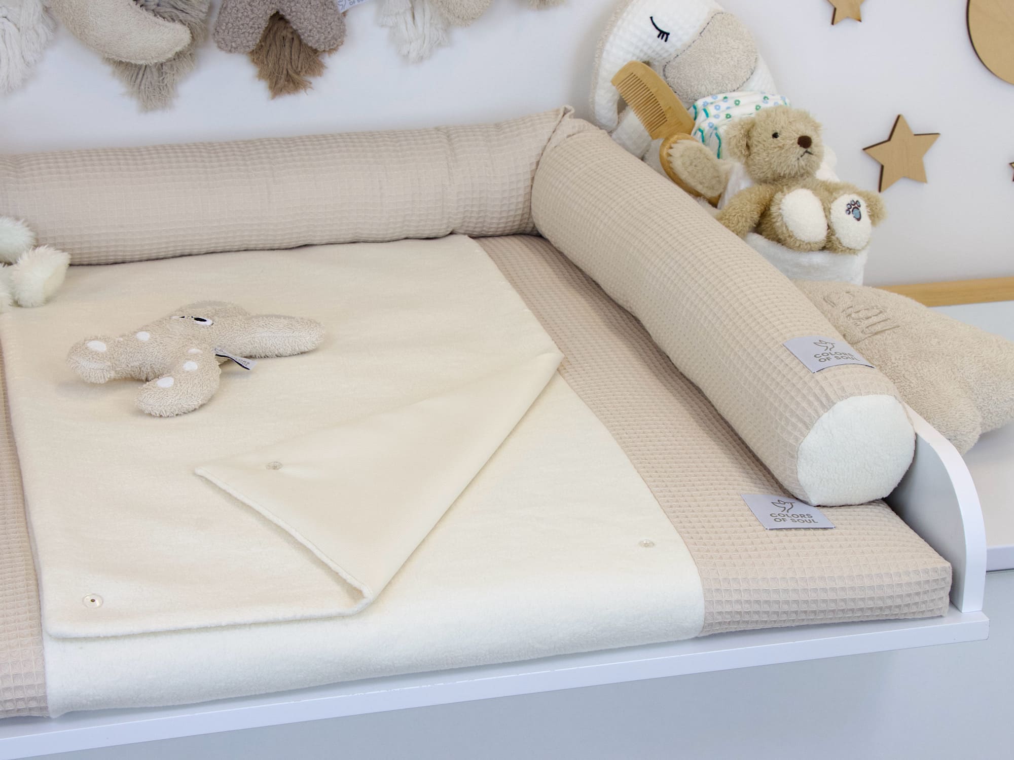 2-er SET - Wickelauflage mit Inlett, Bettschlange - Waffelpique natur / Baumwollfleece creme