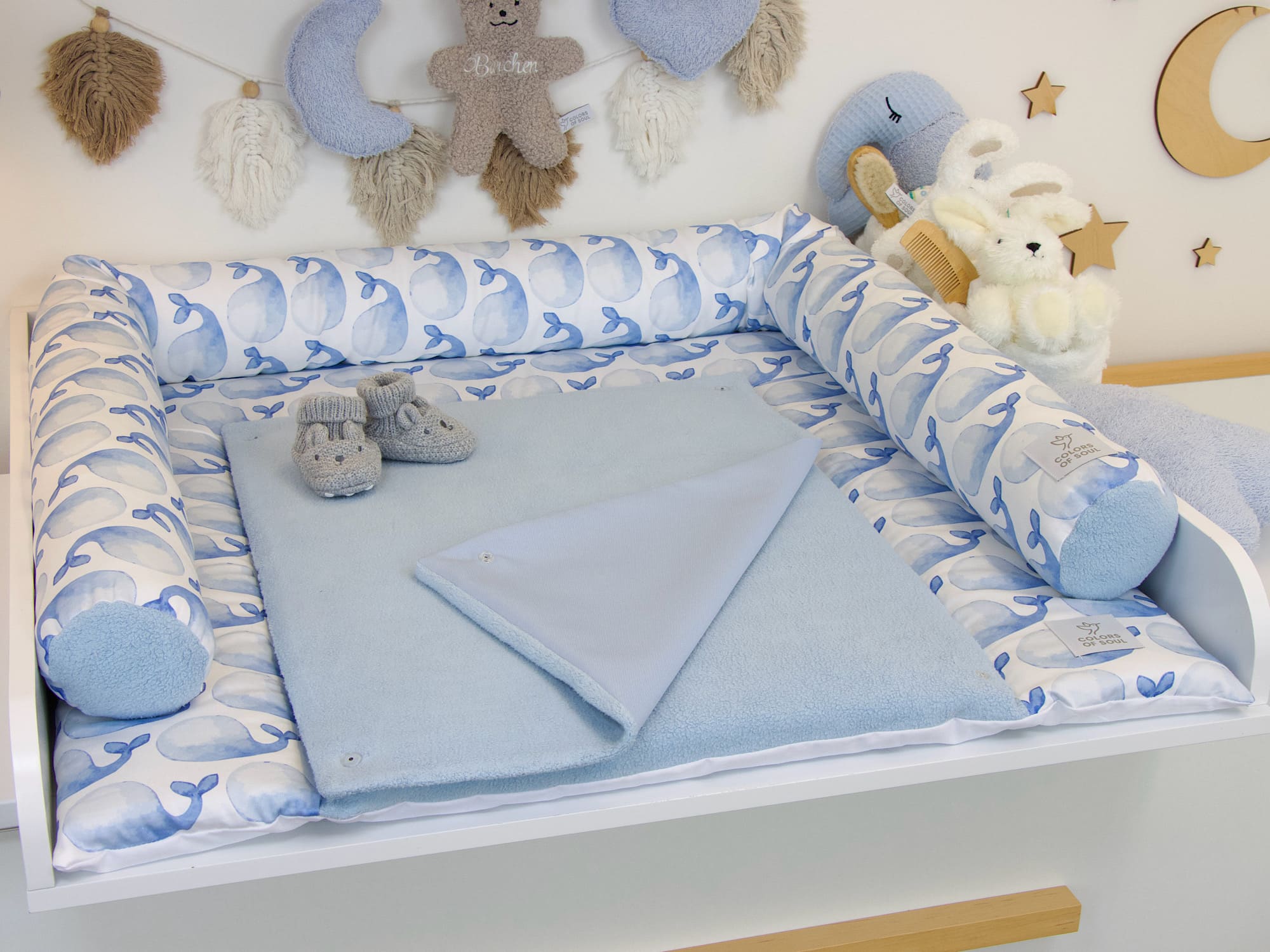 2-er SET - Wickelauflage, Bettschlange - blaue Wale Aquarell / Baumwollfleece blau