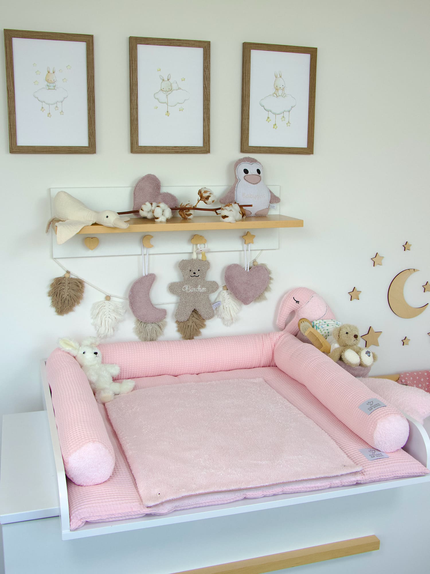 3-er SET - Wickelauflage, Bettschlange, Babynestchen - Waffelpique hellrosa / Frottee hellrosa