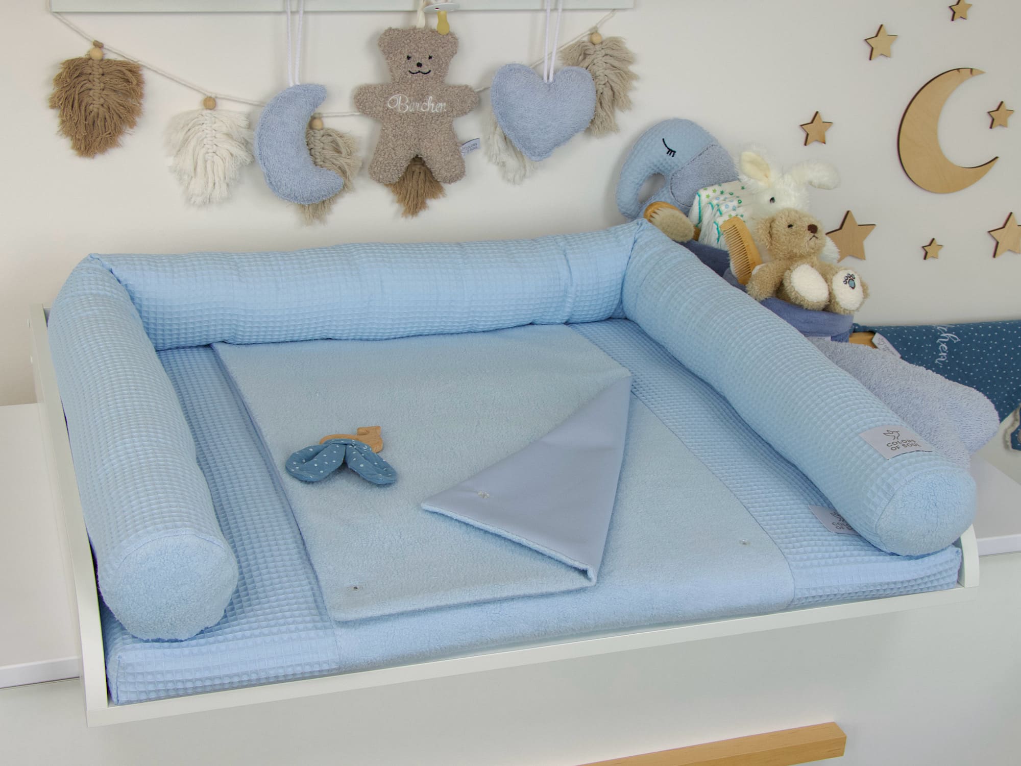 2-er SET - Wickelauflage mit Inlett, Bettschlange - Waffelpique babyblau / Baumwollfleece blau