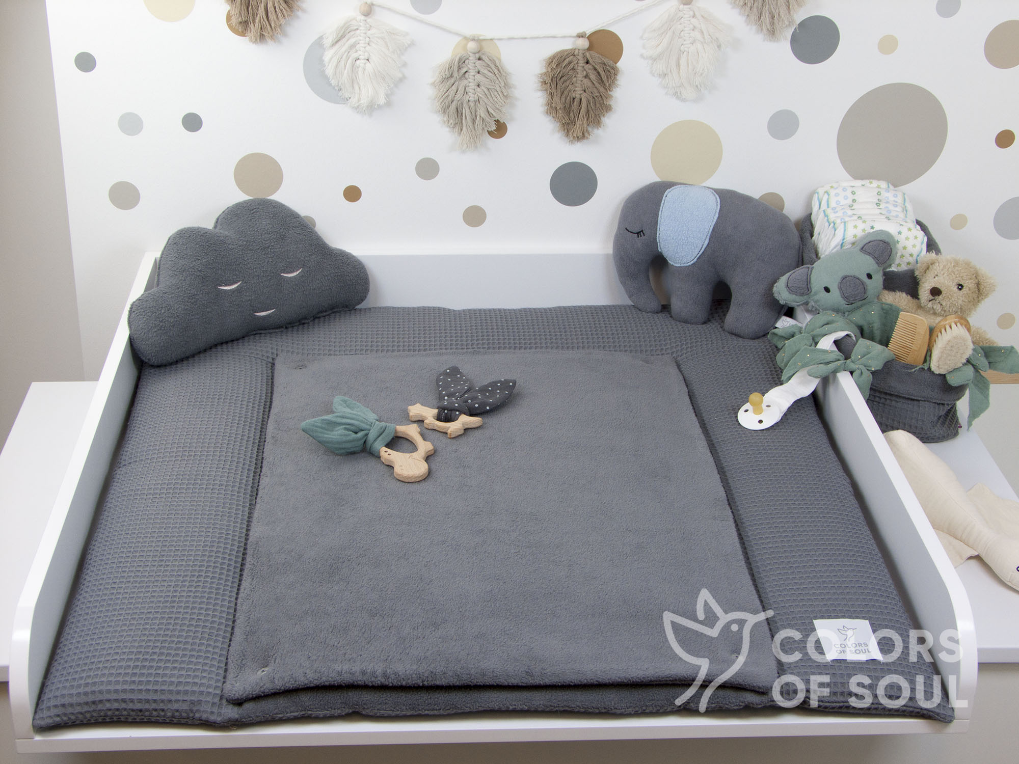 3-er SET - Wickelauflage, Bettschlange, Babynestchen - Waffelpique steingrau / Baumwollfleece grau