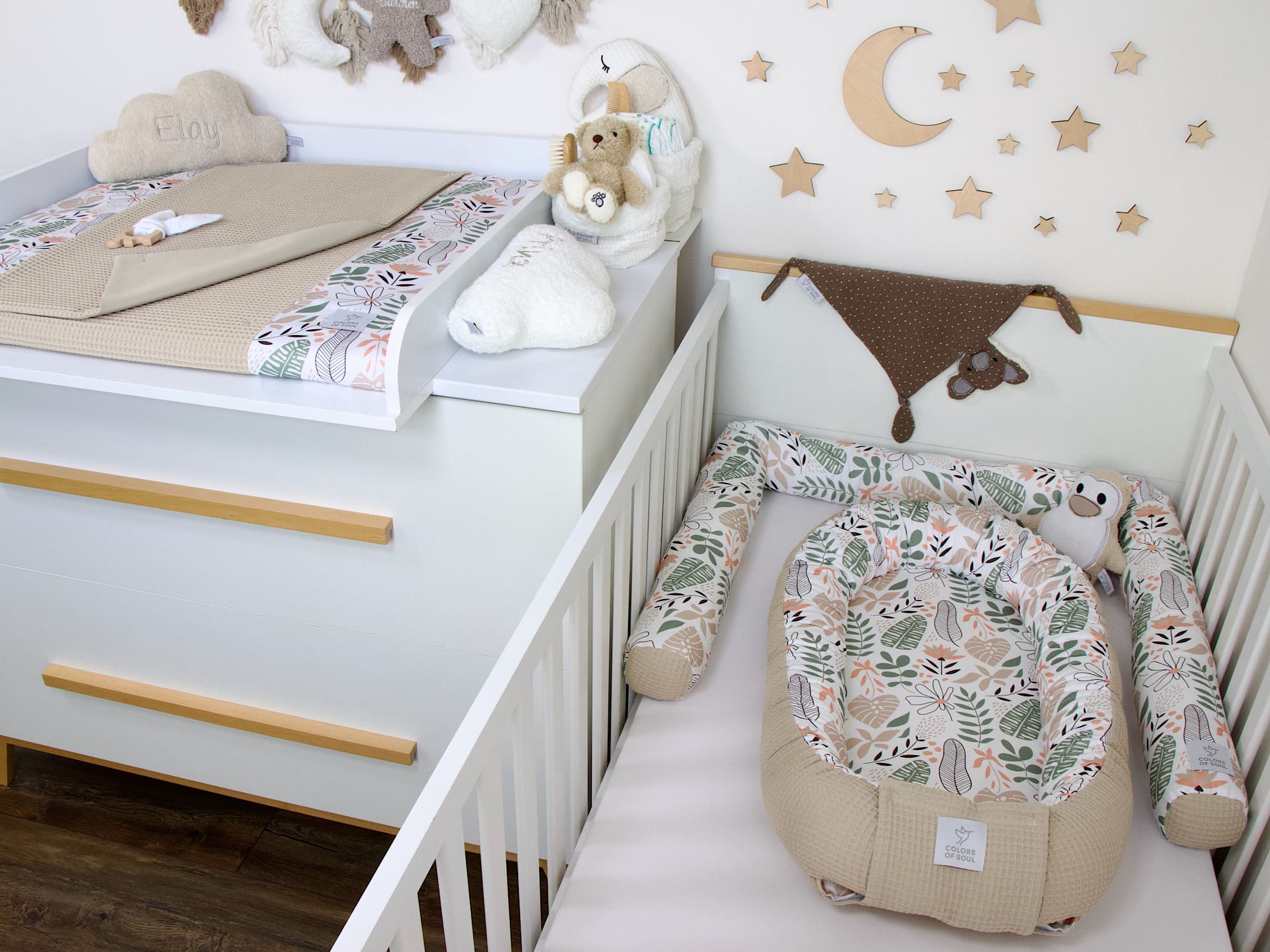5-er SET - Wickelauflage mit Inlett, Babynestchen, Bettschlange - Tropical Blumen / Waffel beige