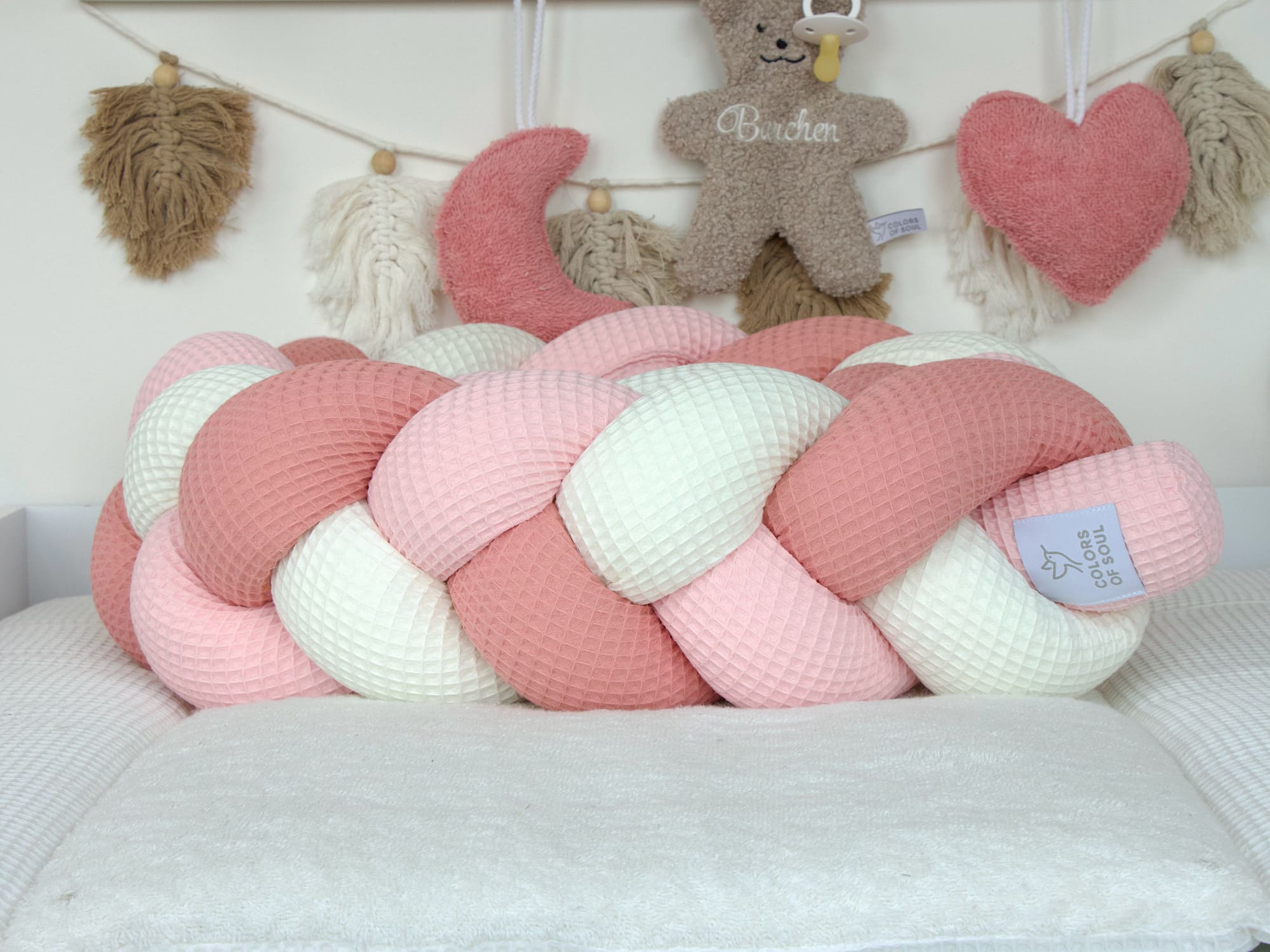 Bettschlange geflochten: Waffelpique creme, hellrosa, blush