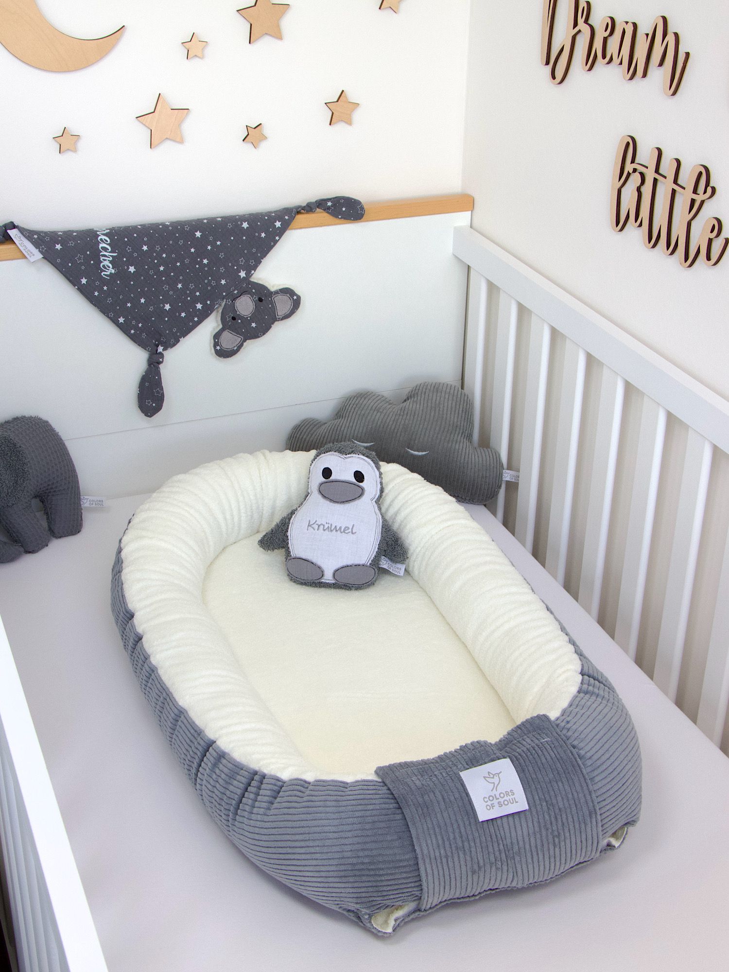 Babynestchen - Kordstoff grau / Baumwollfleece creme