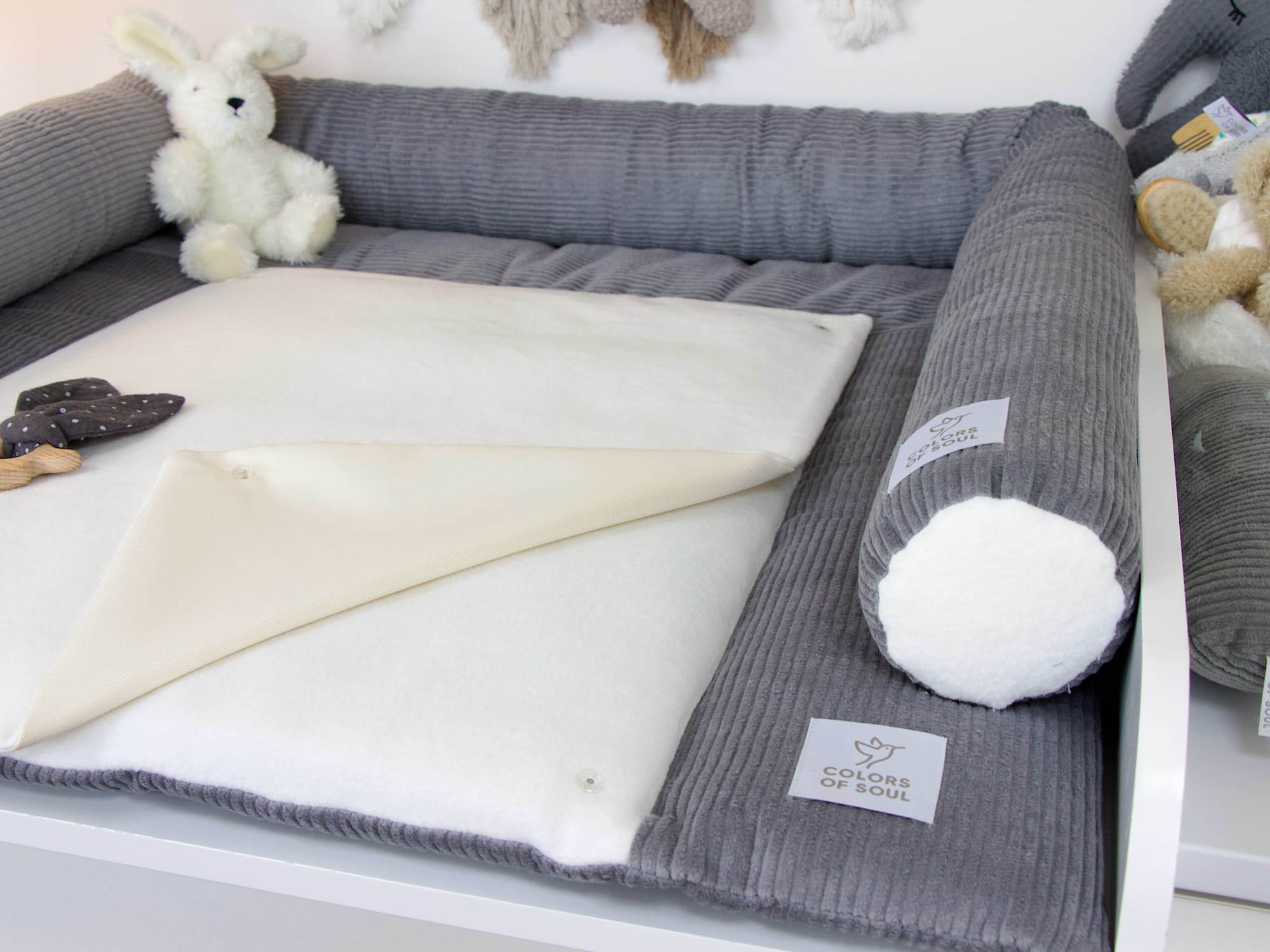 Wickelauflage Set mit Bettschlange Cord grau / Baumwollfleece creme