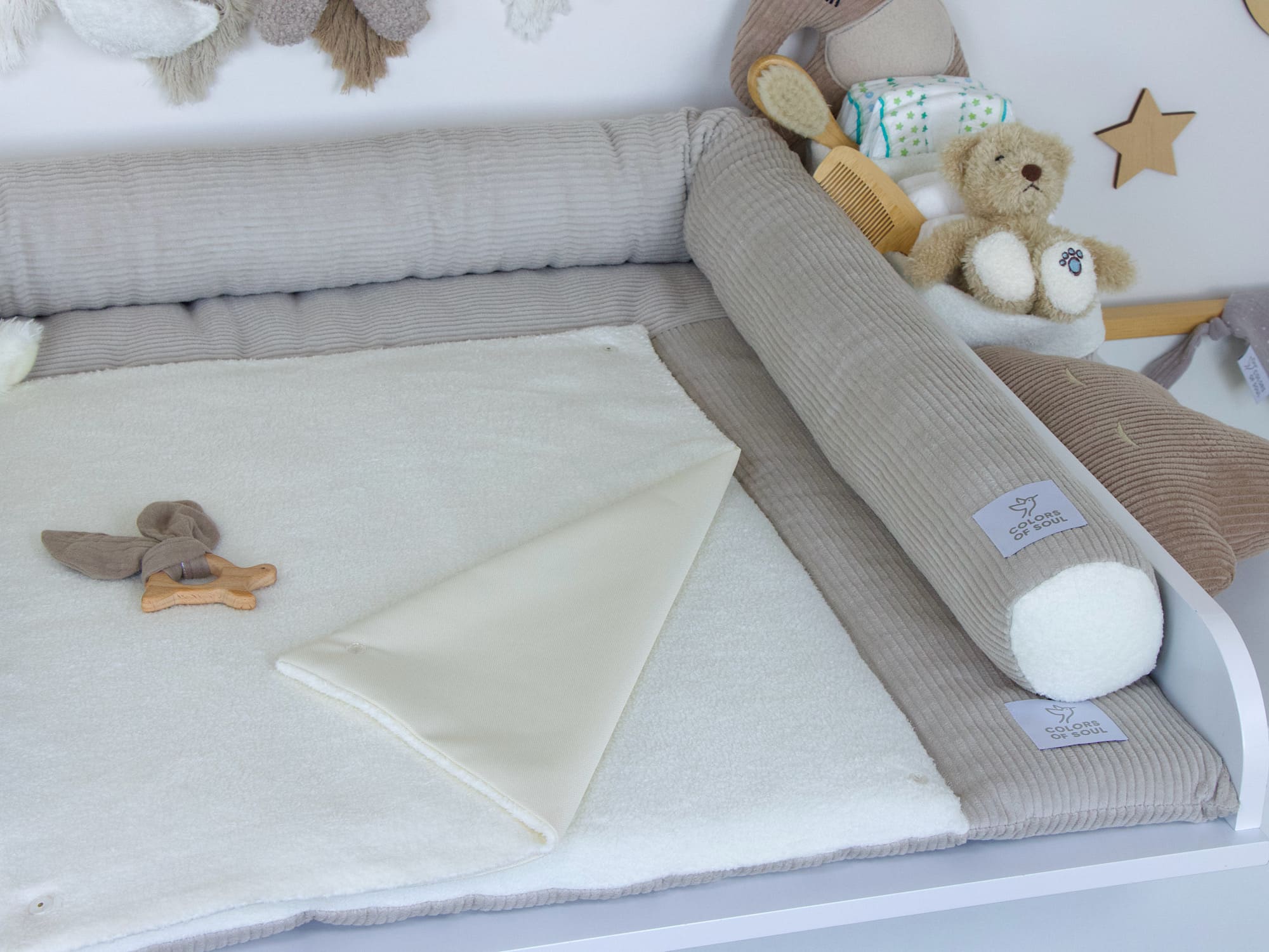 2-er SET - Wickelauflage, Bettschlange - Kord hellbeige / Baumwollfleece creme