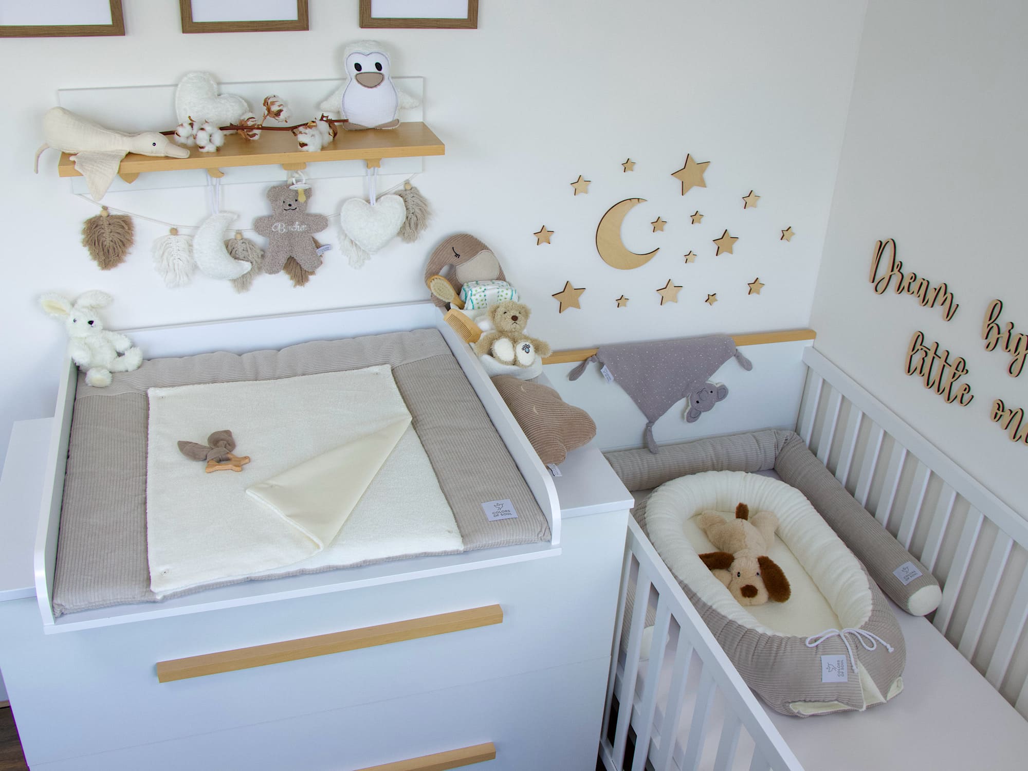 3-er SET - Wickelauflage, Bettschlange, Babynest - Kord hellbeige / Baumwollfleece creme