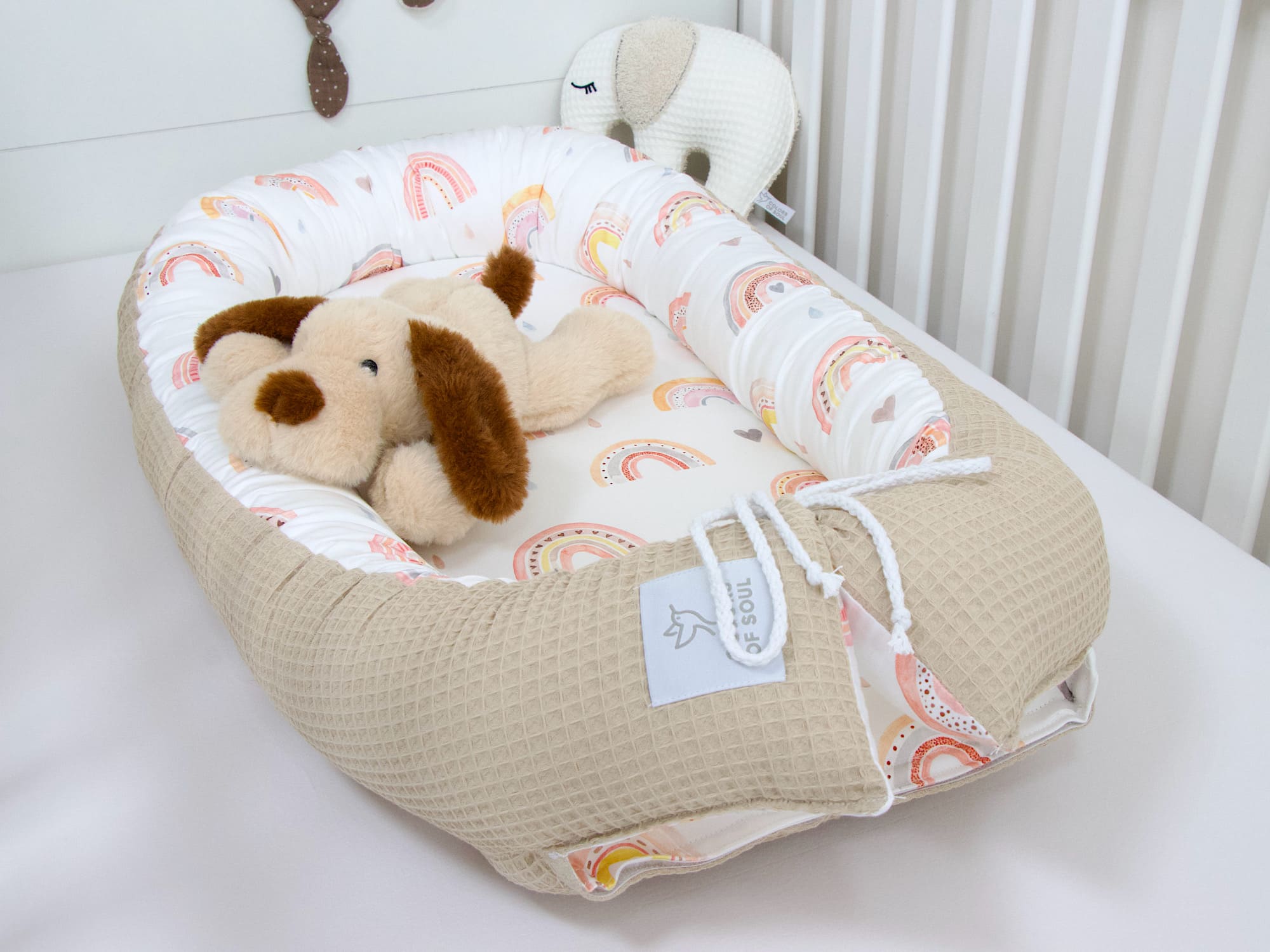 3-er SET - Wickelauflage, Bettschlange, Babynestchen - Regenbogen Aquarell / Waffelpique beige