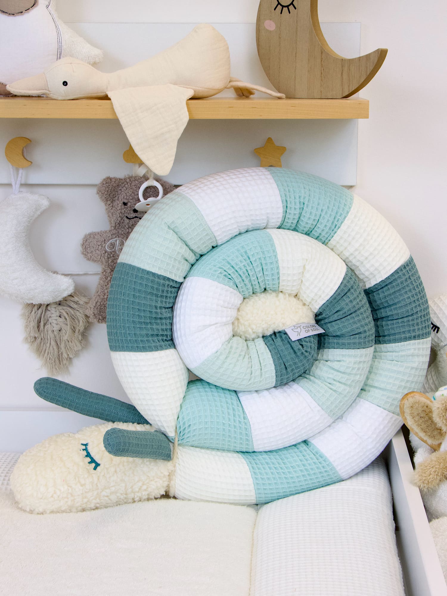 Puckschnecke Patchwork: Waffelpique creme, pastellmint, weiß, hellmint, altgrün