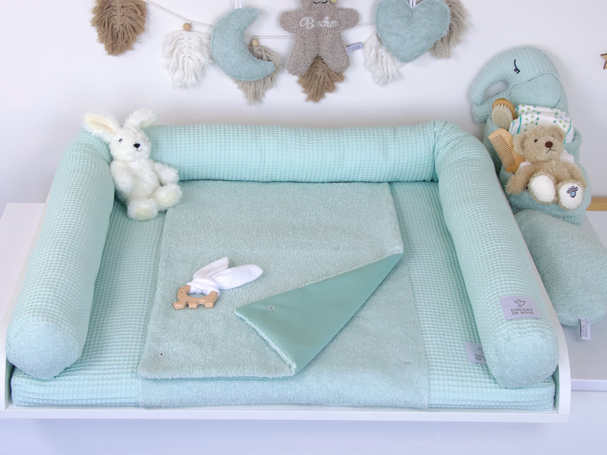 2-er SET - Wickelauflage mit Inlett, Bettschlange - Waffelpique pastellmint / Frottee pastellmint