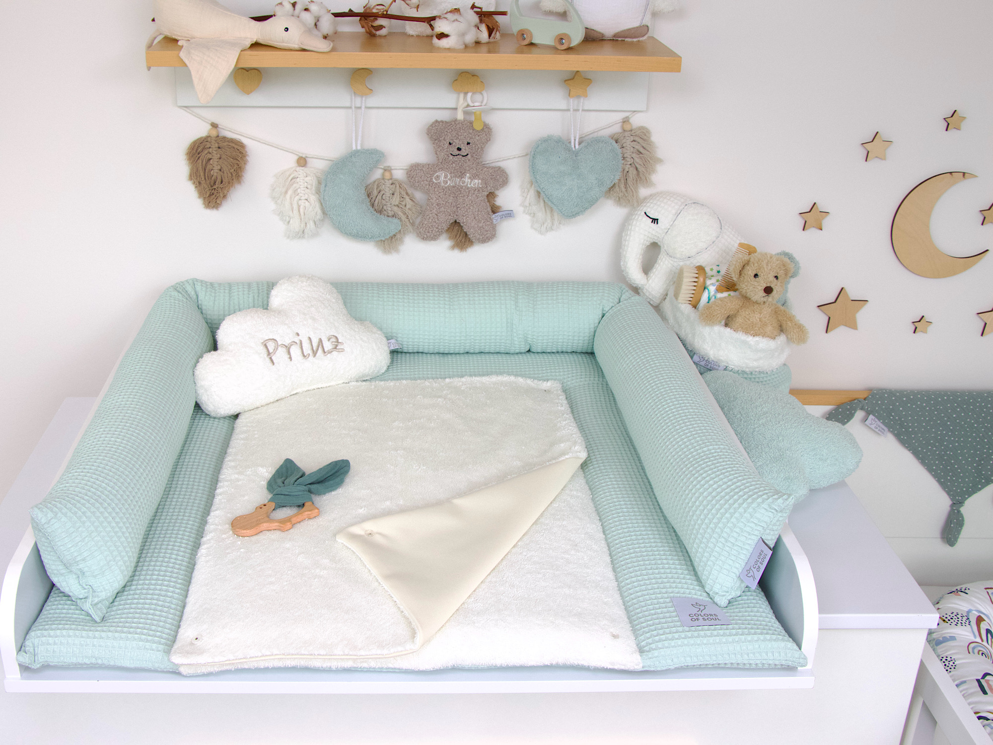 2-er SET - Wickelauflage, Bettschlange - Waffelpique pastellmint / Frottee creme
