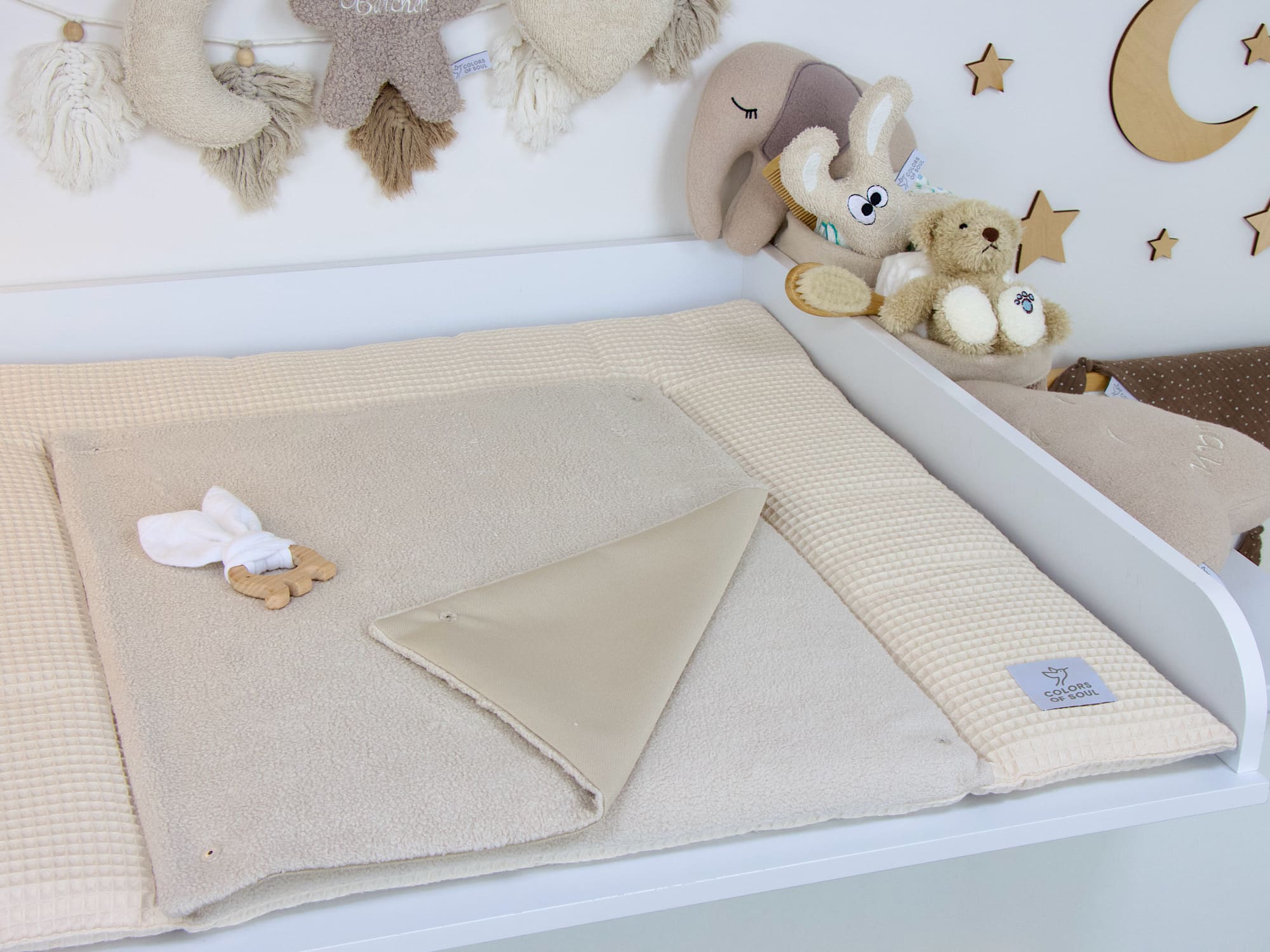2-er SET - Wickelauflage und Babynestchen - Waffelpique hellbeige / Baumwollfleece hellbeige