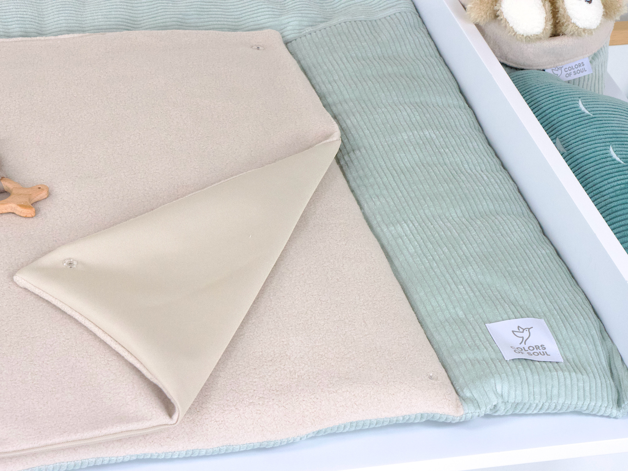 2-er SET - Wickelauflage, Bettschlange - Kord mint / Baumwollfleece beige