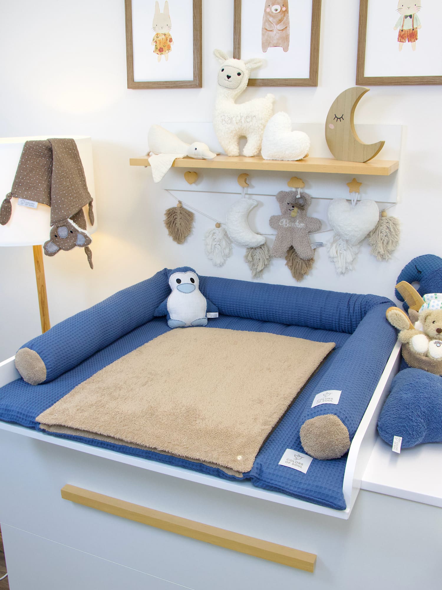 Wickelauflage und Bettschlange Set - Waffelpique jeansblau & Frottee dunkelbeige