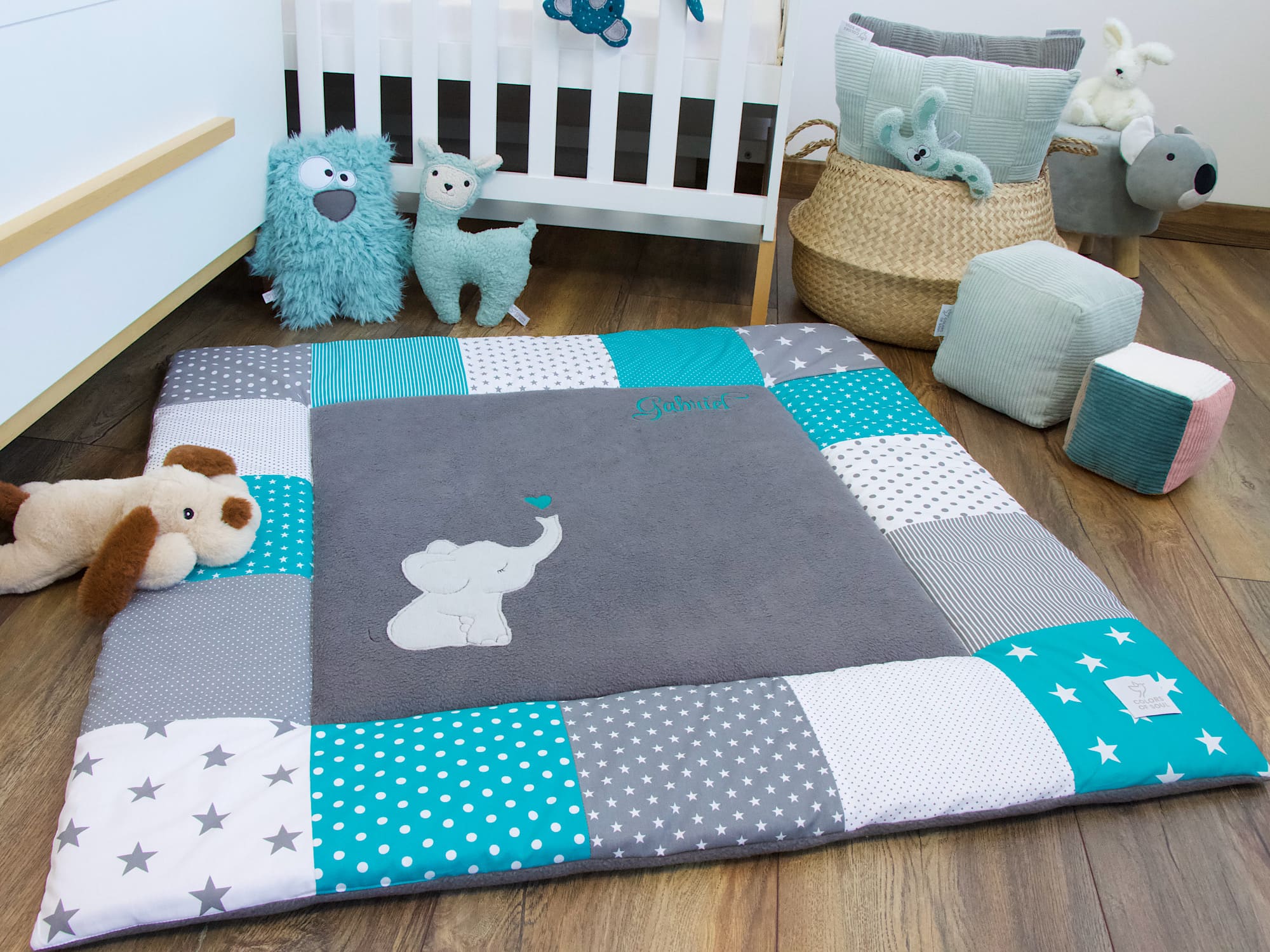 Personalisierte Krabbeldecke Türkis mit Baumwollfleece