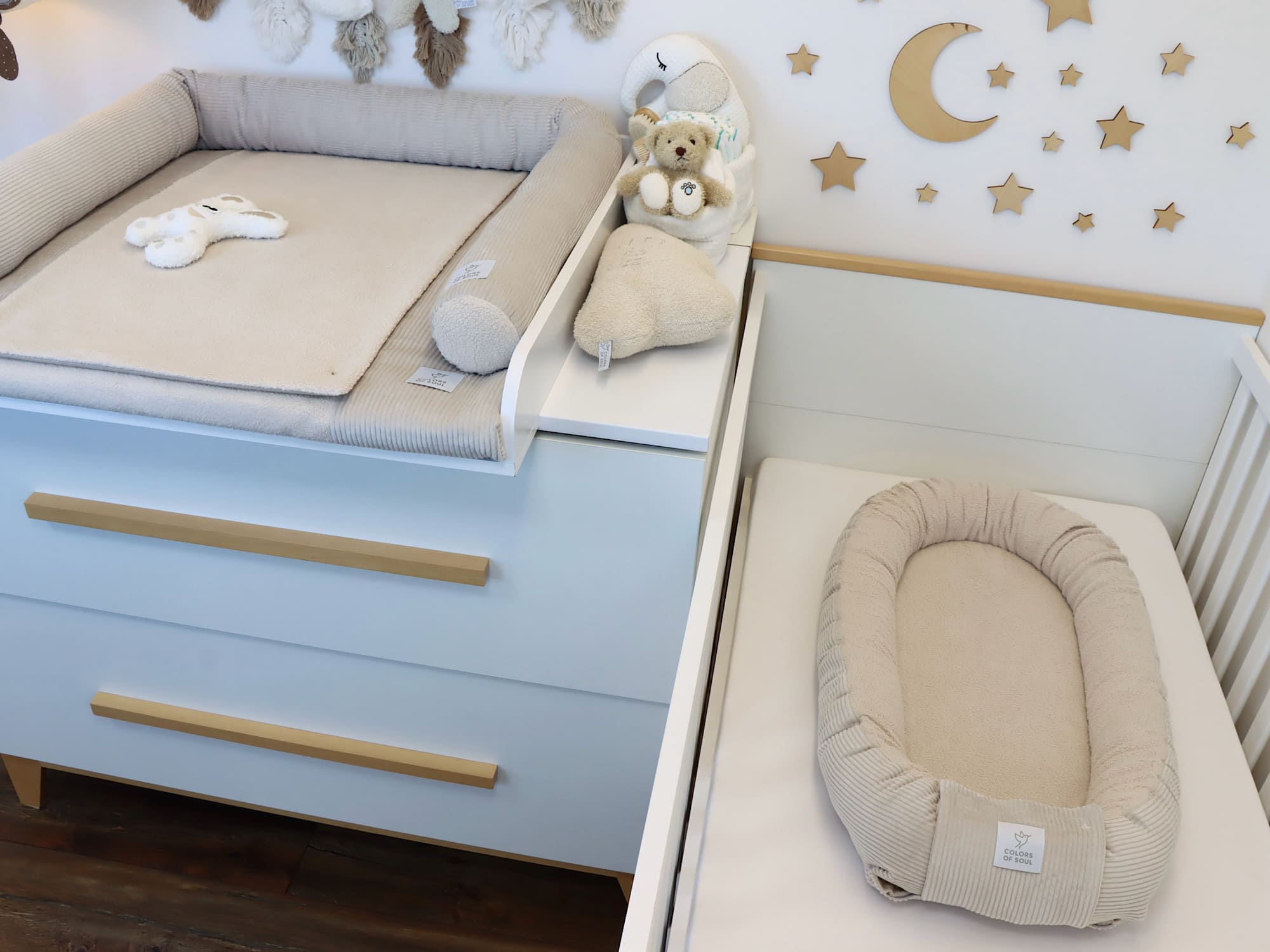 Wickelauflage mit Bezug, Bettschlange, Babynest - Cord hellbeige / Baumwollfleece hellbeige