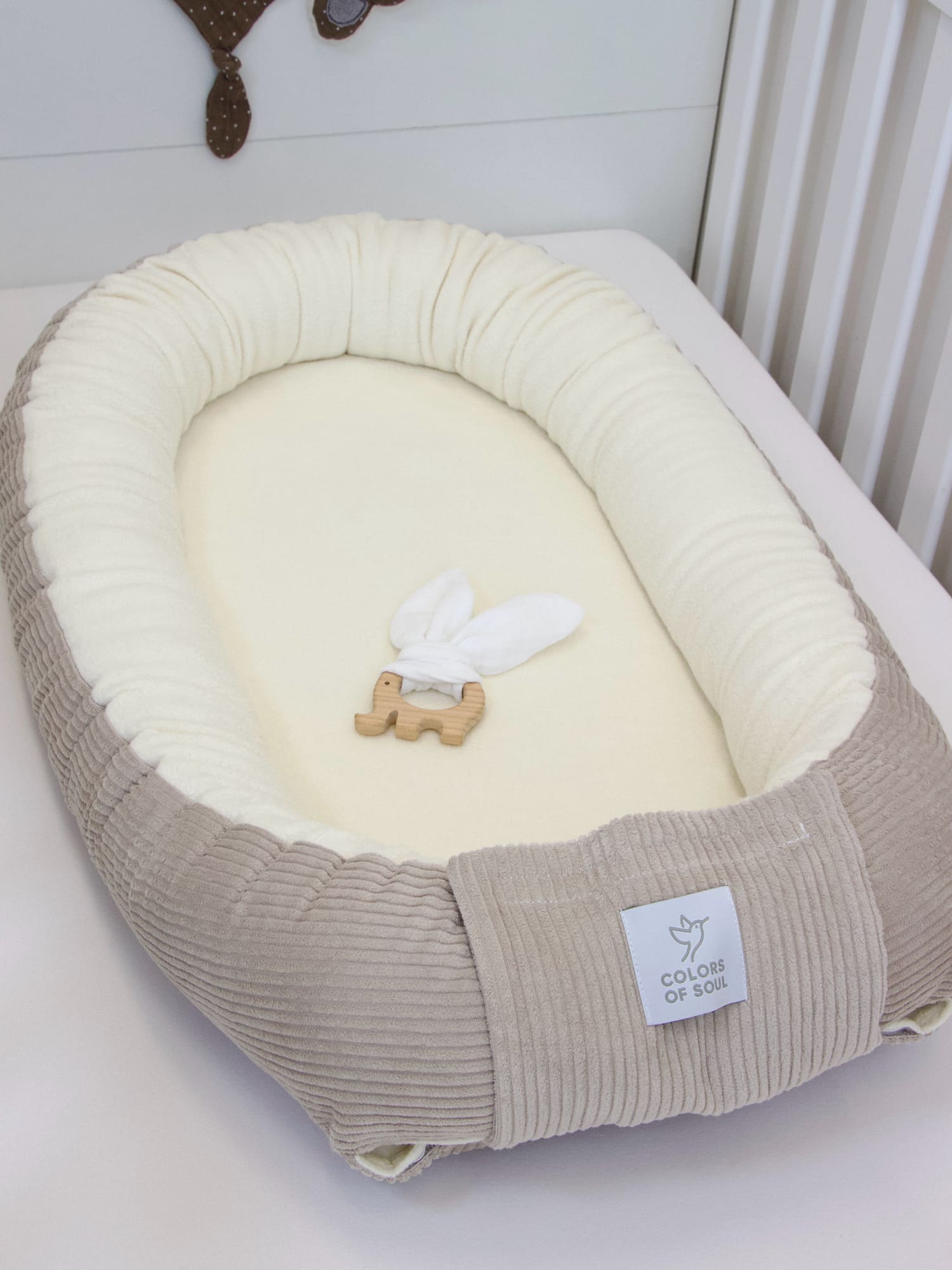 2-er SET - 3-teiliges Babynestchen, Bettschlange - Cord hellbeige / Baumwollfleece creme