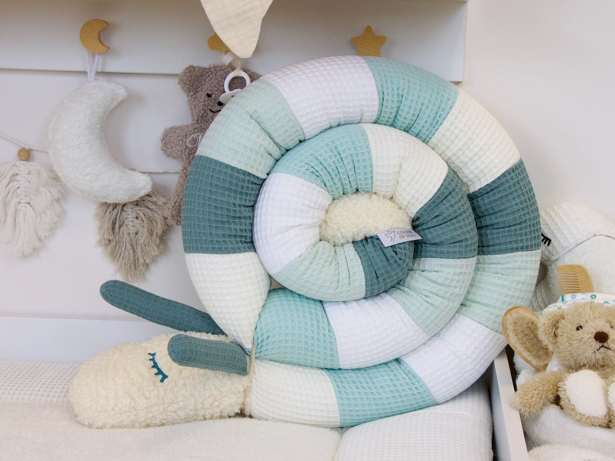 Puckschnecke Patchwork: Waffelpique creme, pastellmint, weiß, hellmint, altgrün