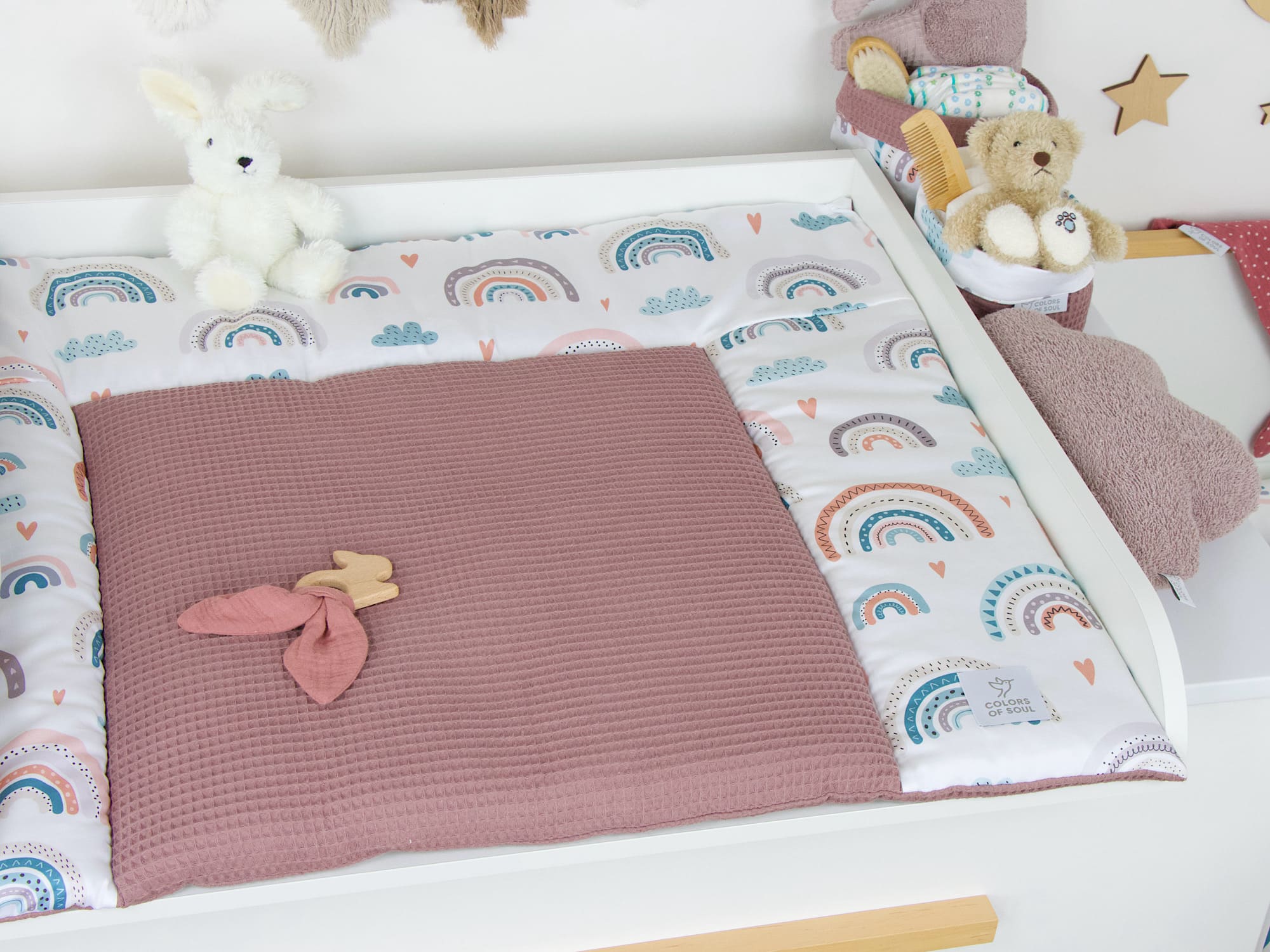 5-er SET - Wickelauflage, Babynest, Bettrolle - pastell Regenbogen und Herzen / Waffelpique alte malve