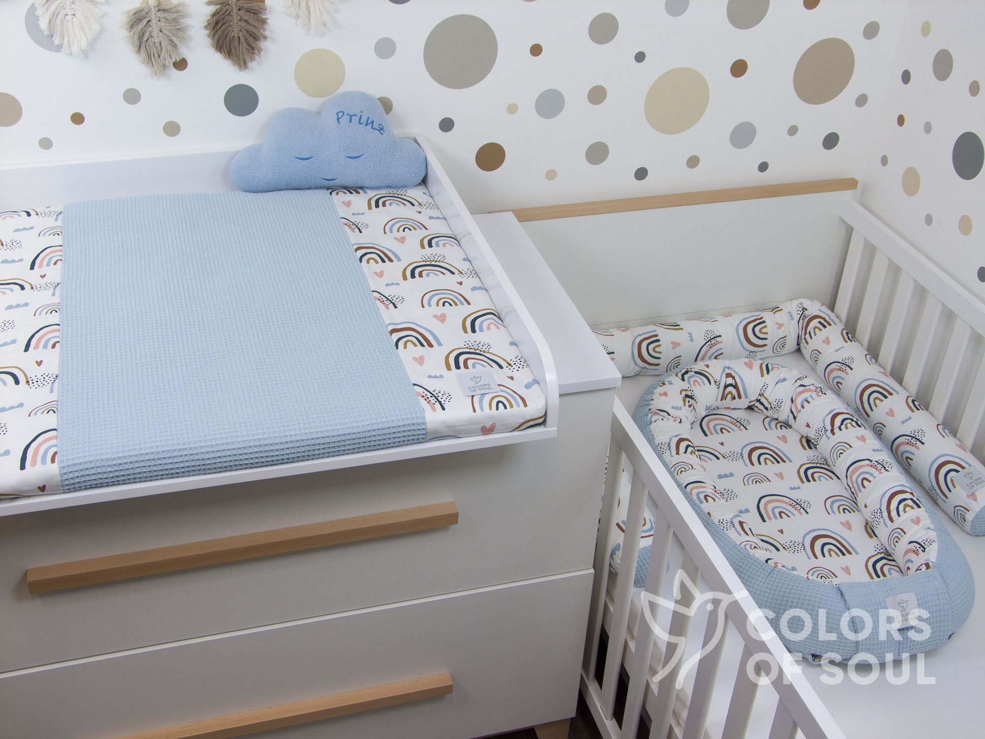 3-er SET - Wickelauflage mit Inlett, Babynest, Bettrolle - Regenbogen und Herzen / Waffel hellblau