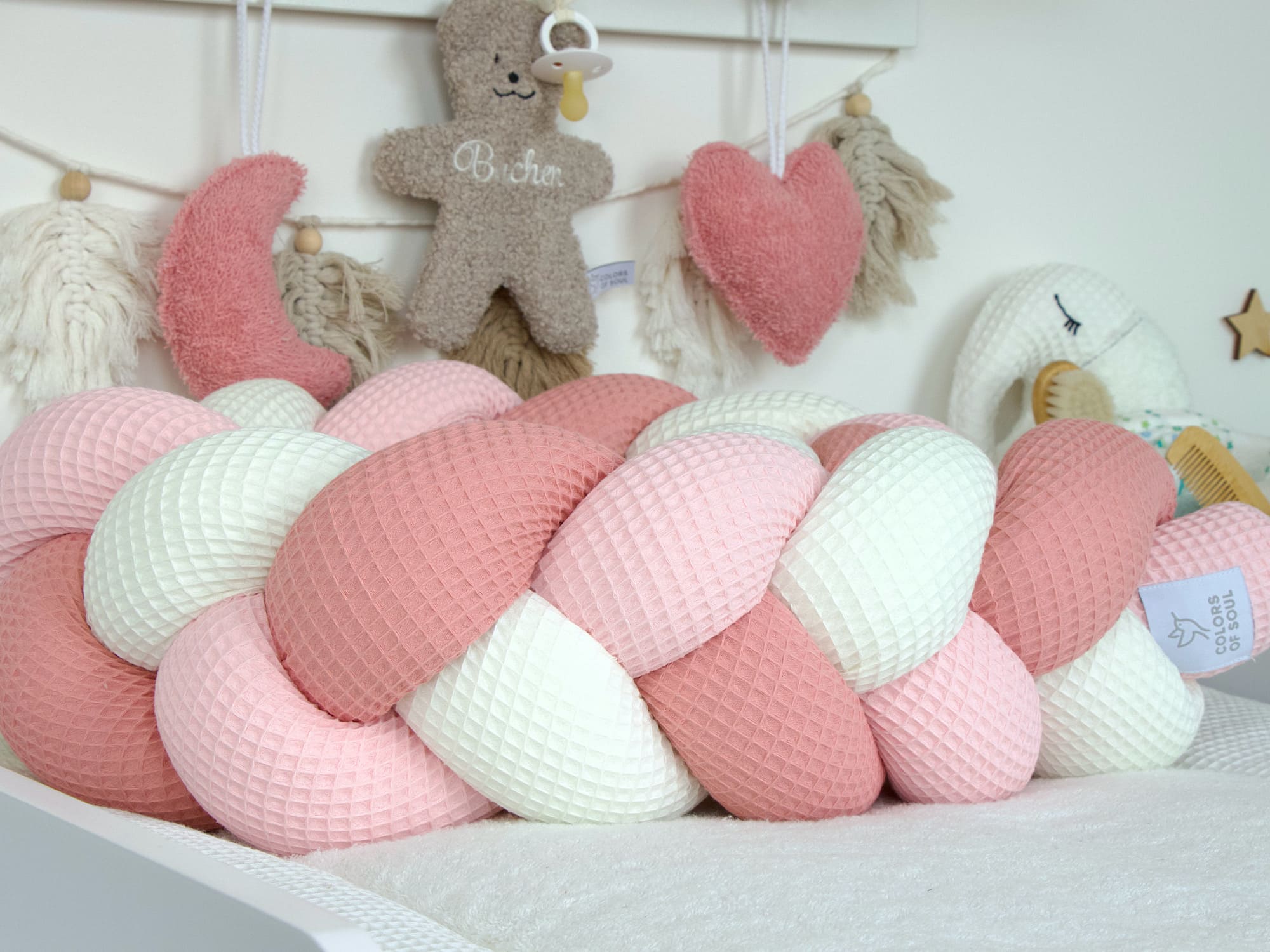 Bettschlange geflochten: Waffelpique creme, hellrosa, blush