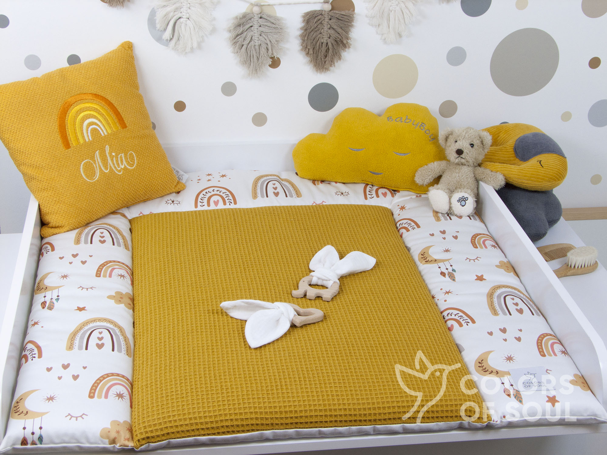 3-er SET - Wickelauflage, Bettschlange, Babynestchen - Baby boho Regenbogen / Waffelpique gelb