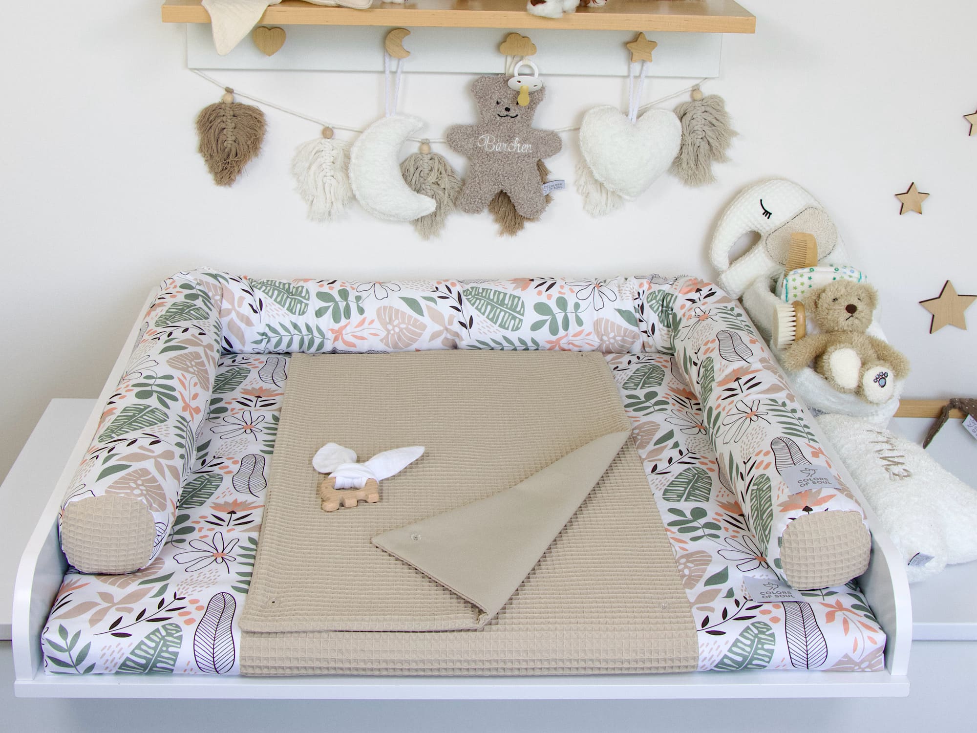 3-er SET - Wickelauflage mit Inlett, Babynest, Bettrolle - Tropical Blumen pastell / Waffel beige
