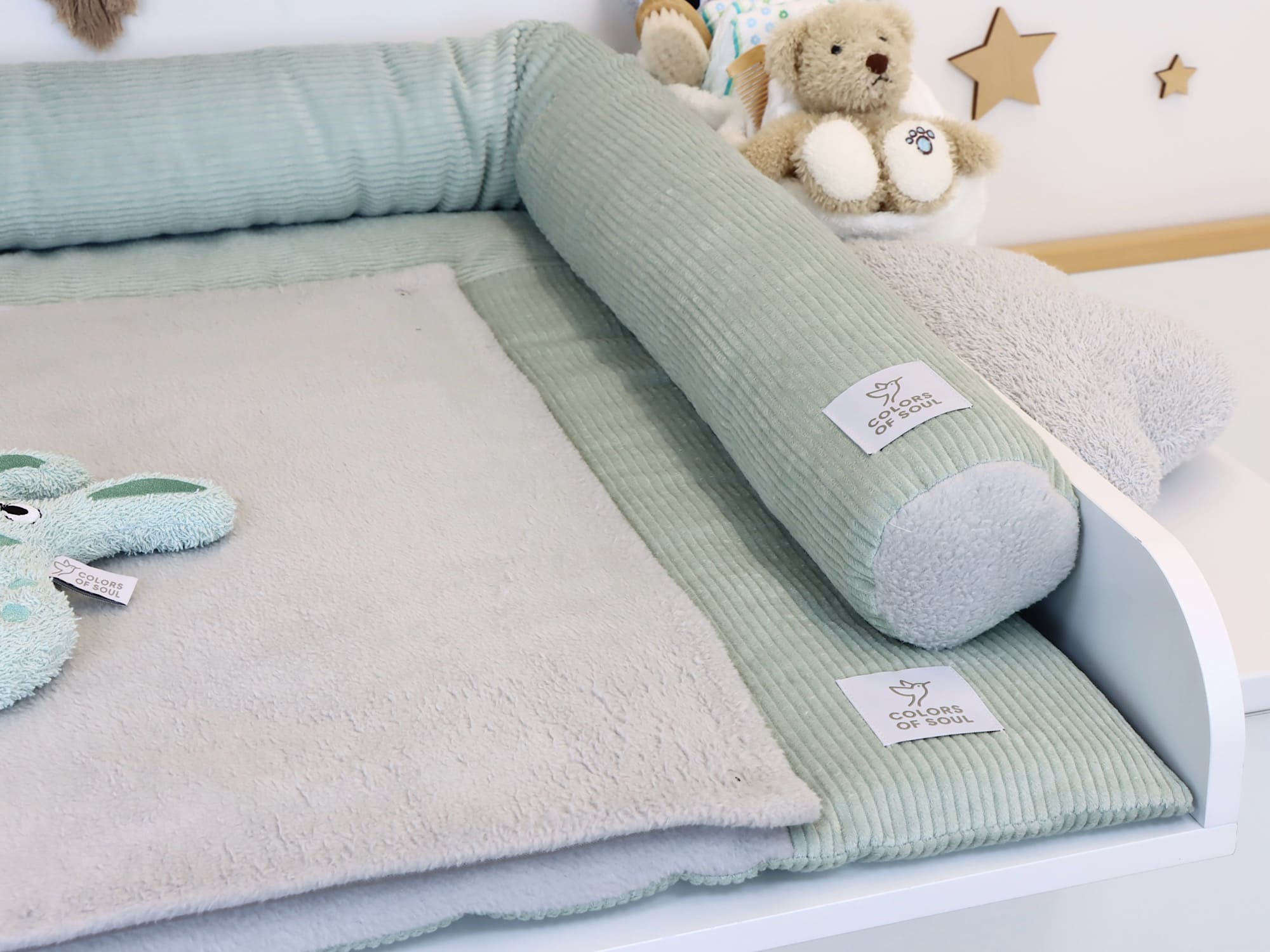 Wickelauflage mit Umrandung - Cord Mint / Baumwollfleece Hellgrau