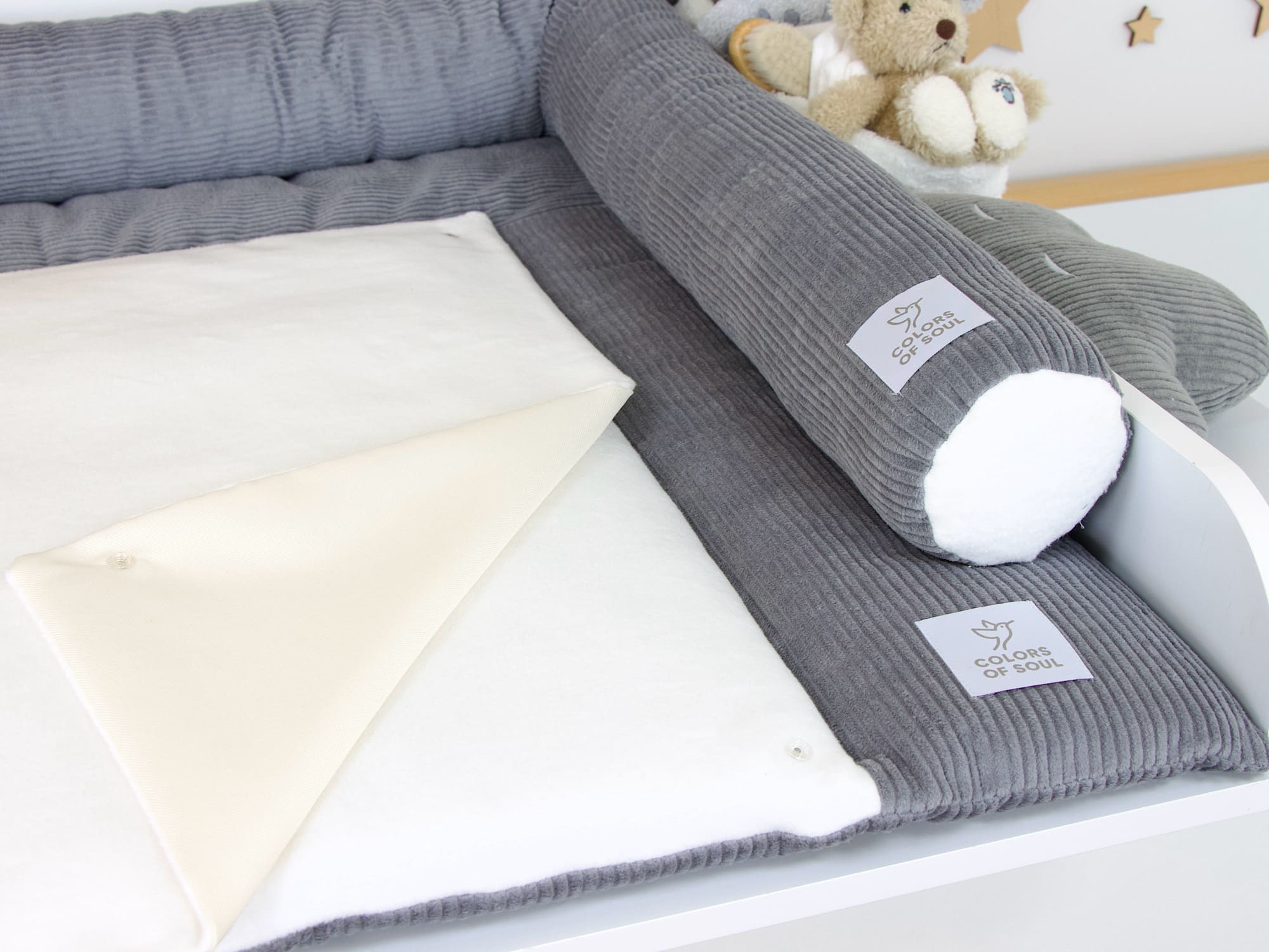 Wickelauflage Set mit Bettschlange Cord grau / Baumwollfleece creme