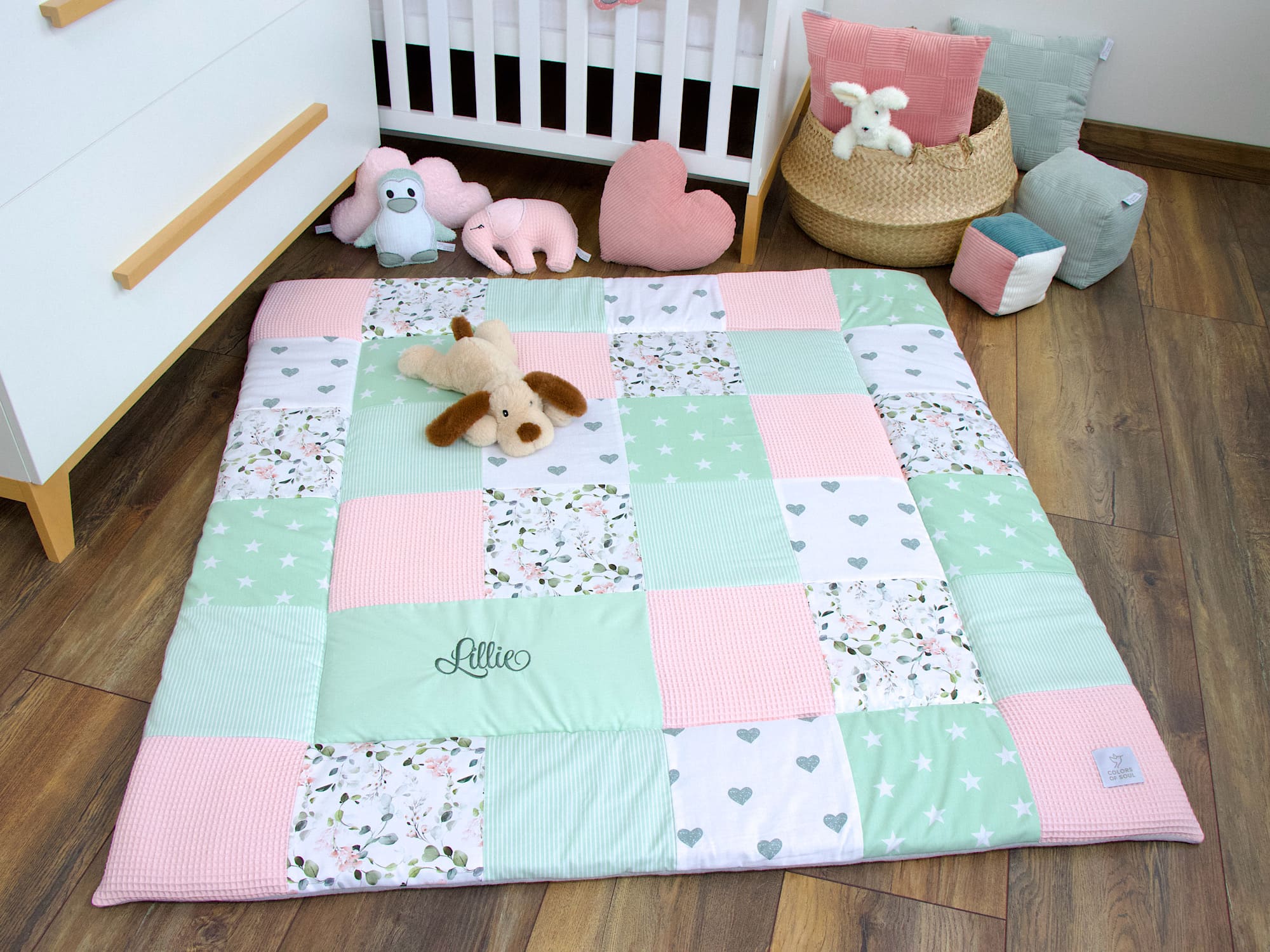 Patchwork Krabbeldecke - Gartenblumen rosa / Waffelpique hellrosa / mint