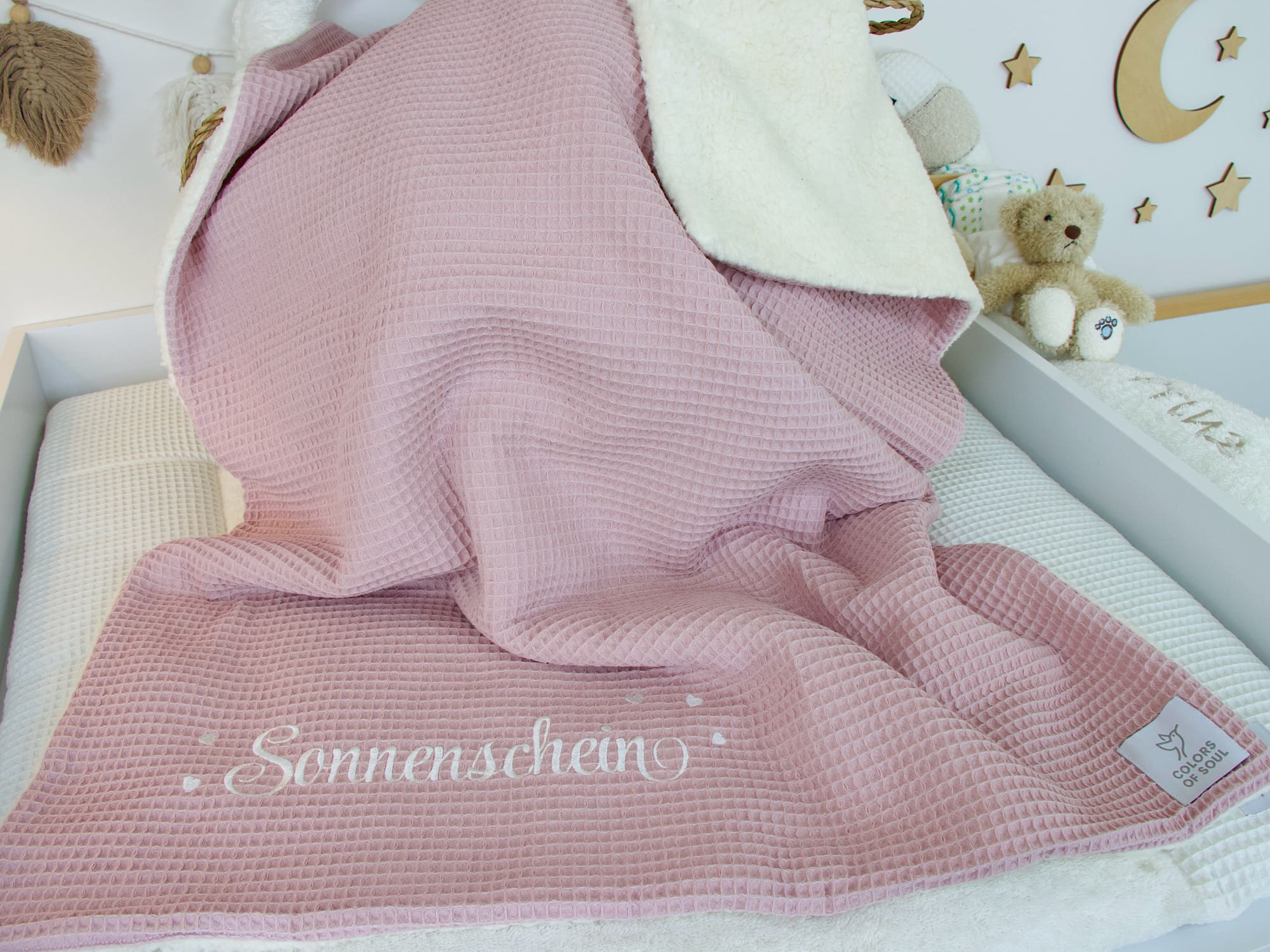 Baby Kuscheldecke personalisiert - Waffelpique altrosa / Teddyplüsch creme