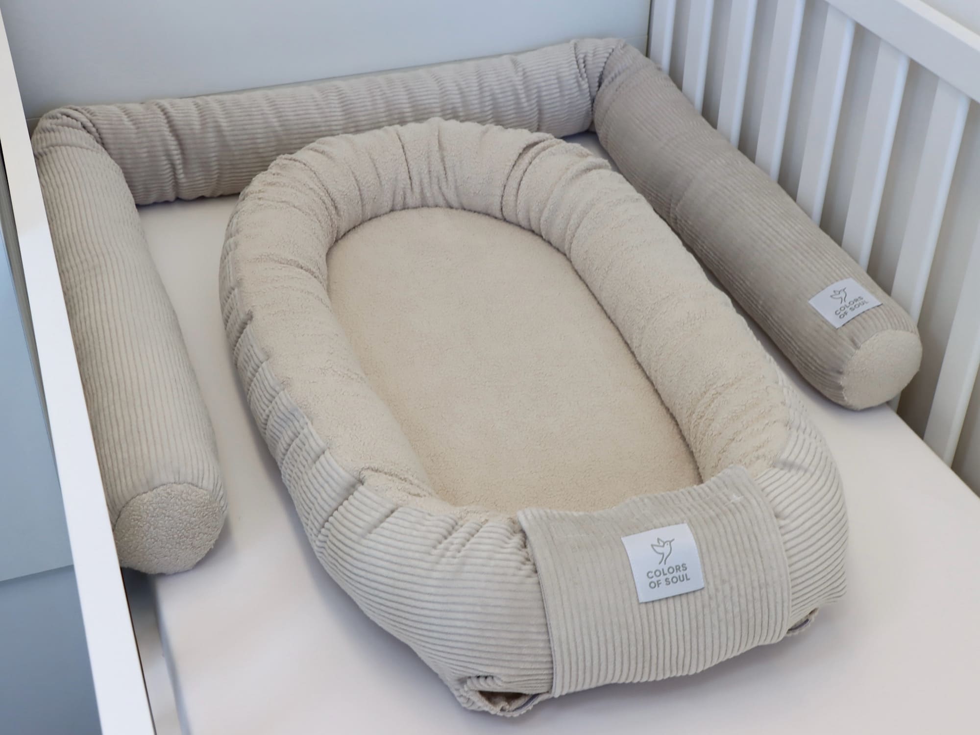 Wickelauflage mit Bezug, Bettschlange, Babynest - Cord hellbeige / Baumwollfleece hellbeige
