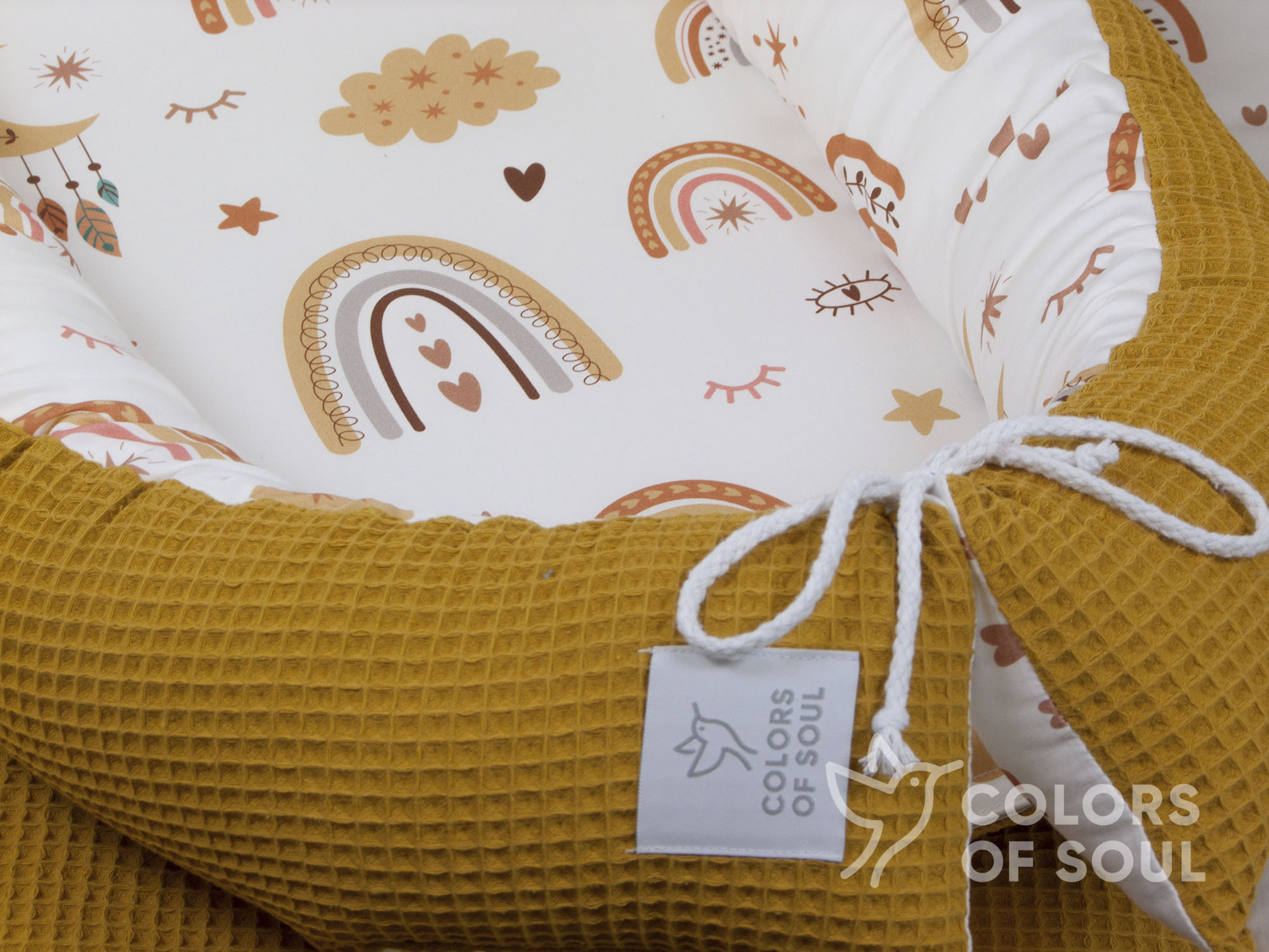 3-er SET - Wickelauflage, Bettschlange, Babynestchen - Baby boho Regenbogen / Waffelpique gelb