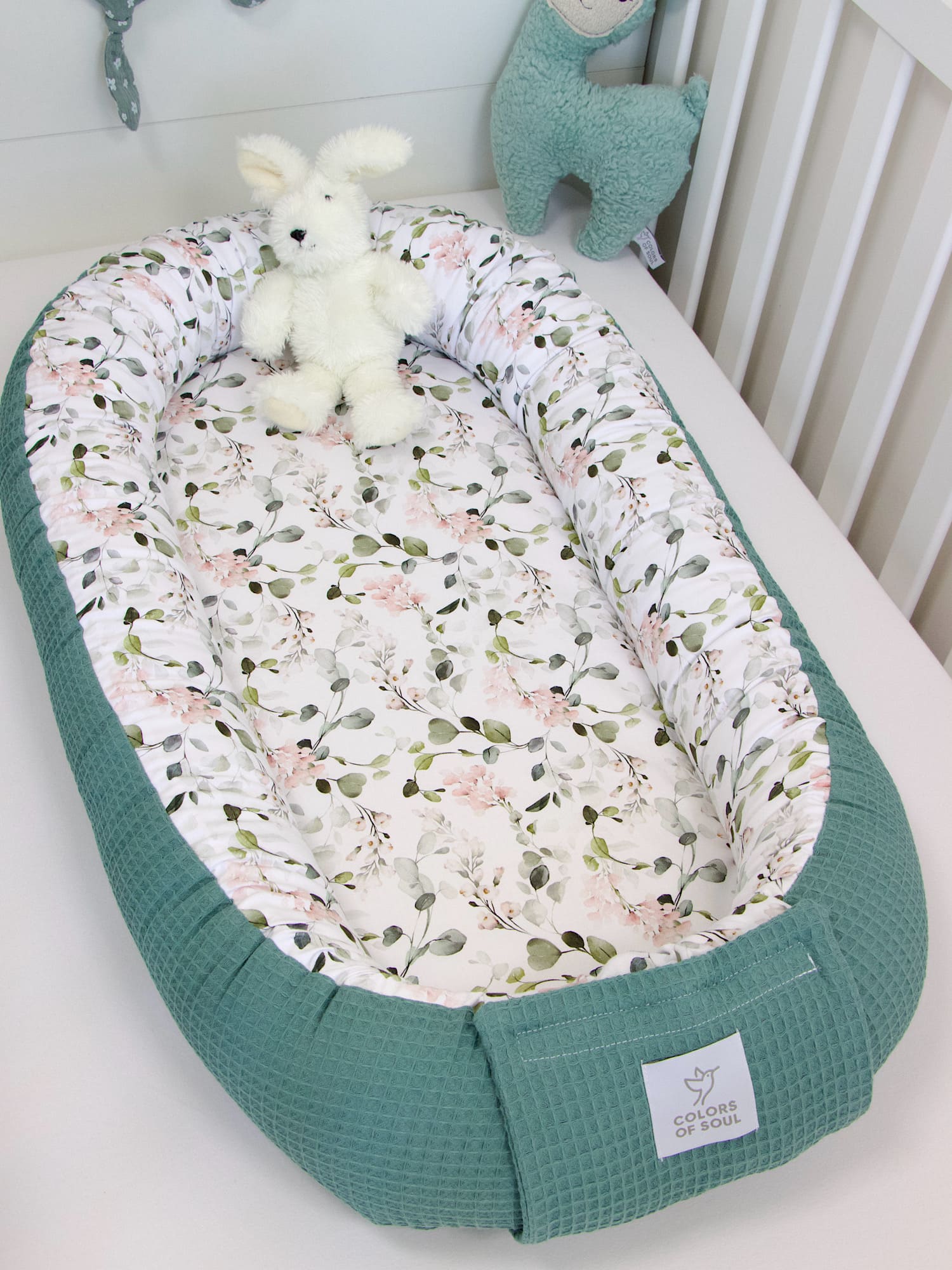Babynest - Gartenblumen rosa / Waffelpique altgrün